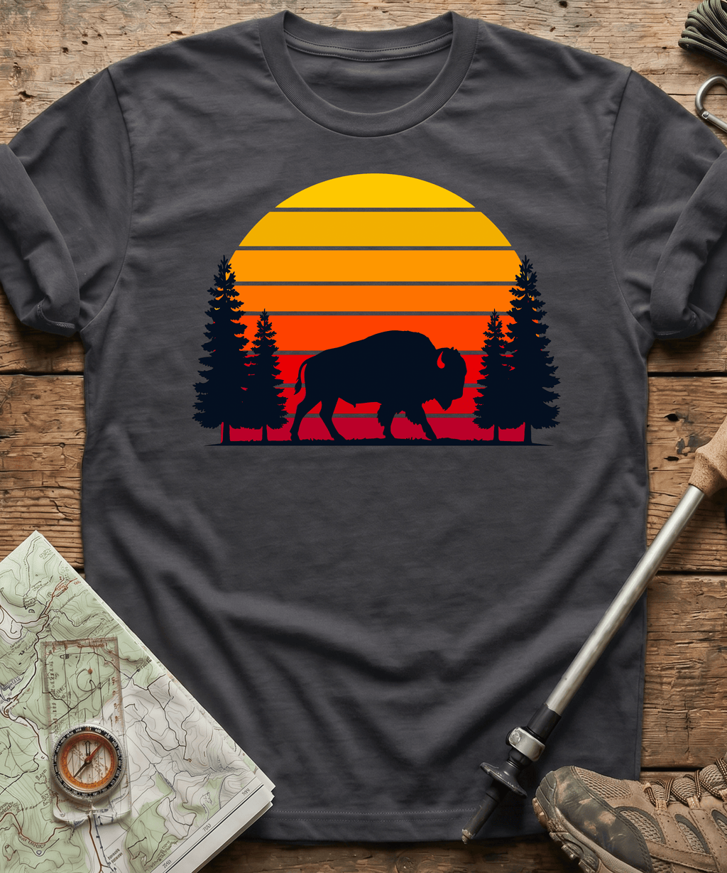 Retro Forest Bison Sunset T-Shirt