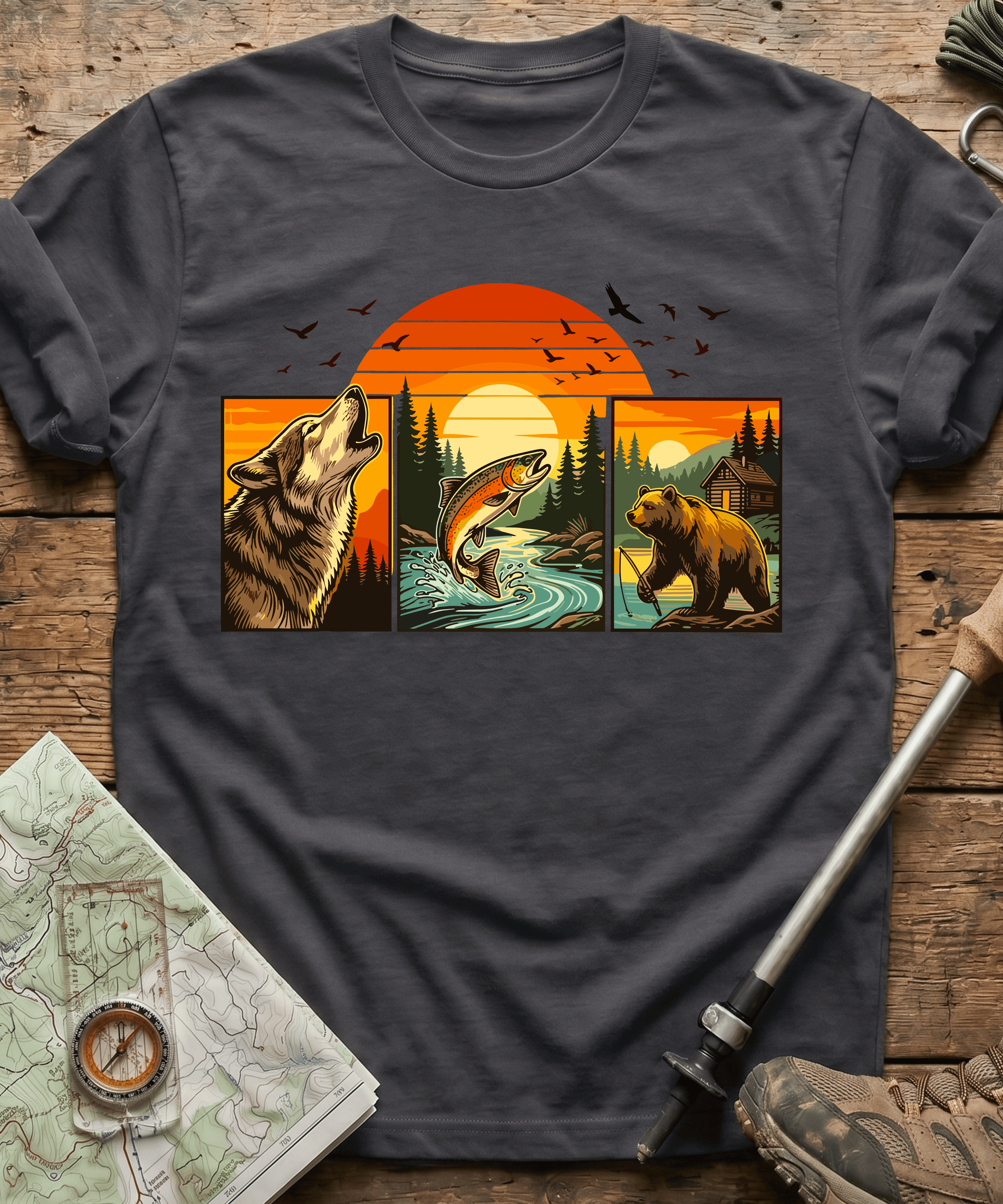 Wild Triptych Wolf Bear Salmon T-Shirt