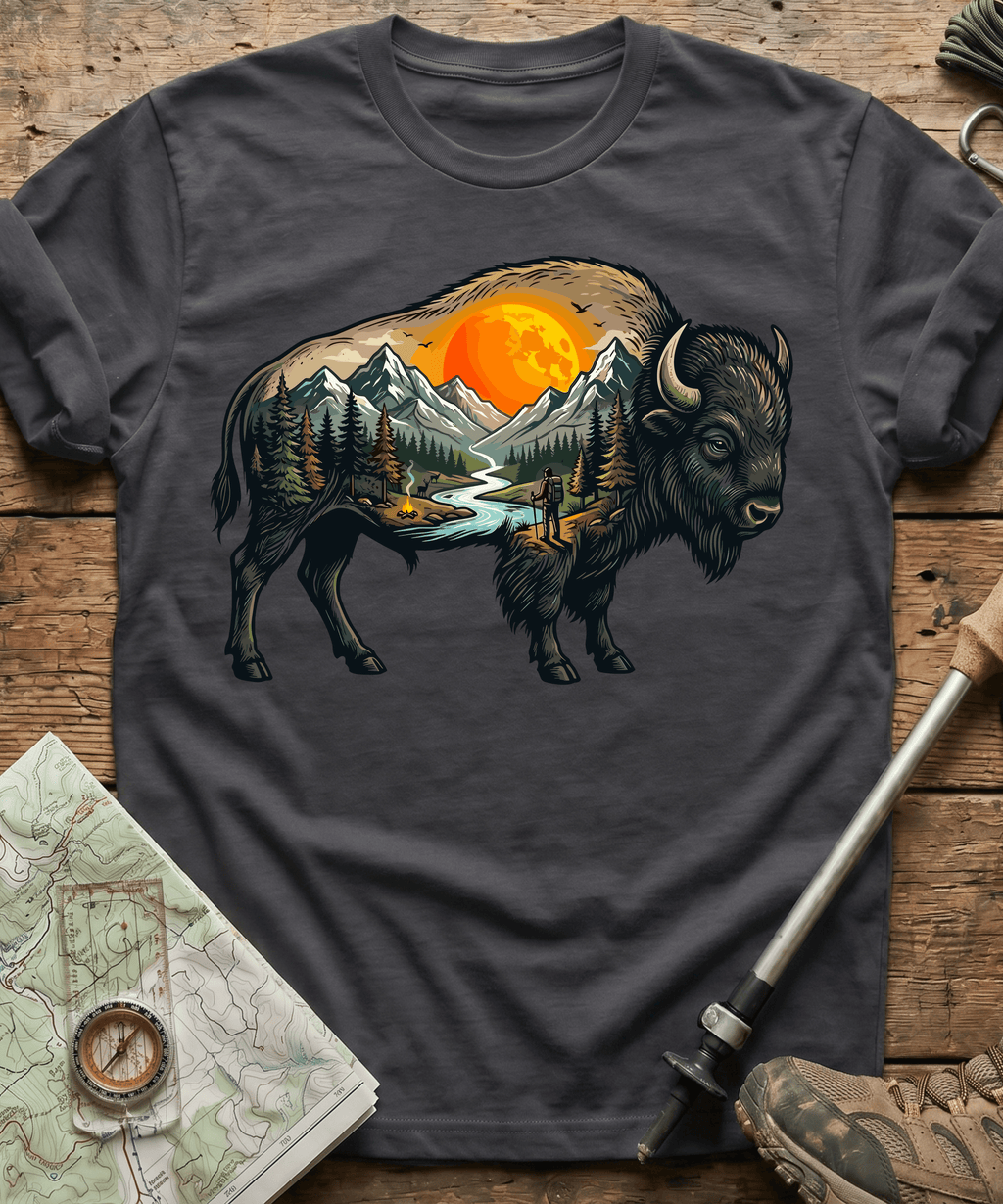 Mountain Hiker Bison Landscape T-Shirt