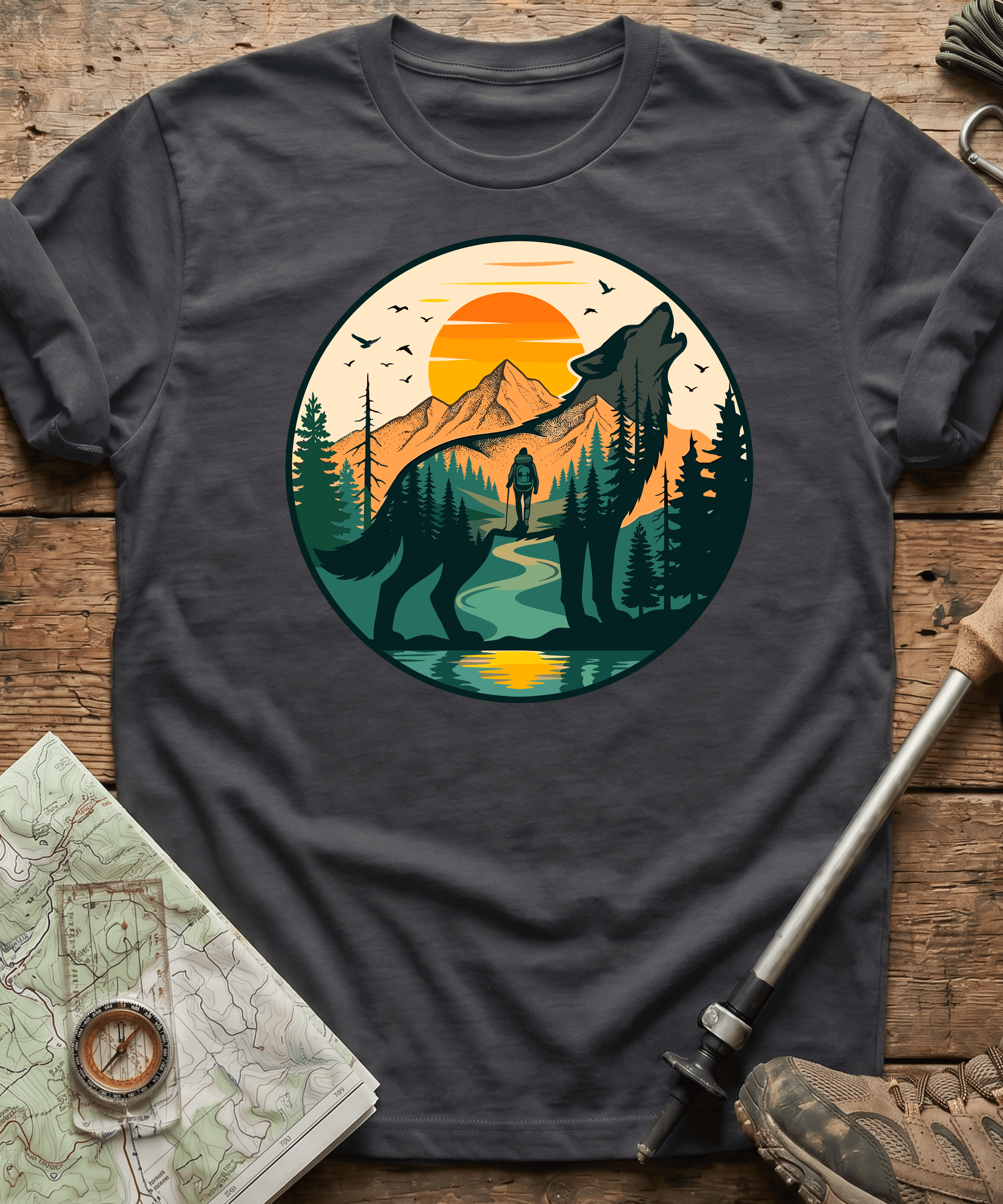 Mountain Hiker Howling Wolf Badge T-Shirt