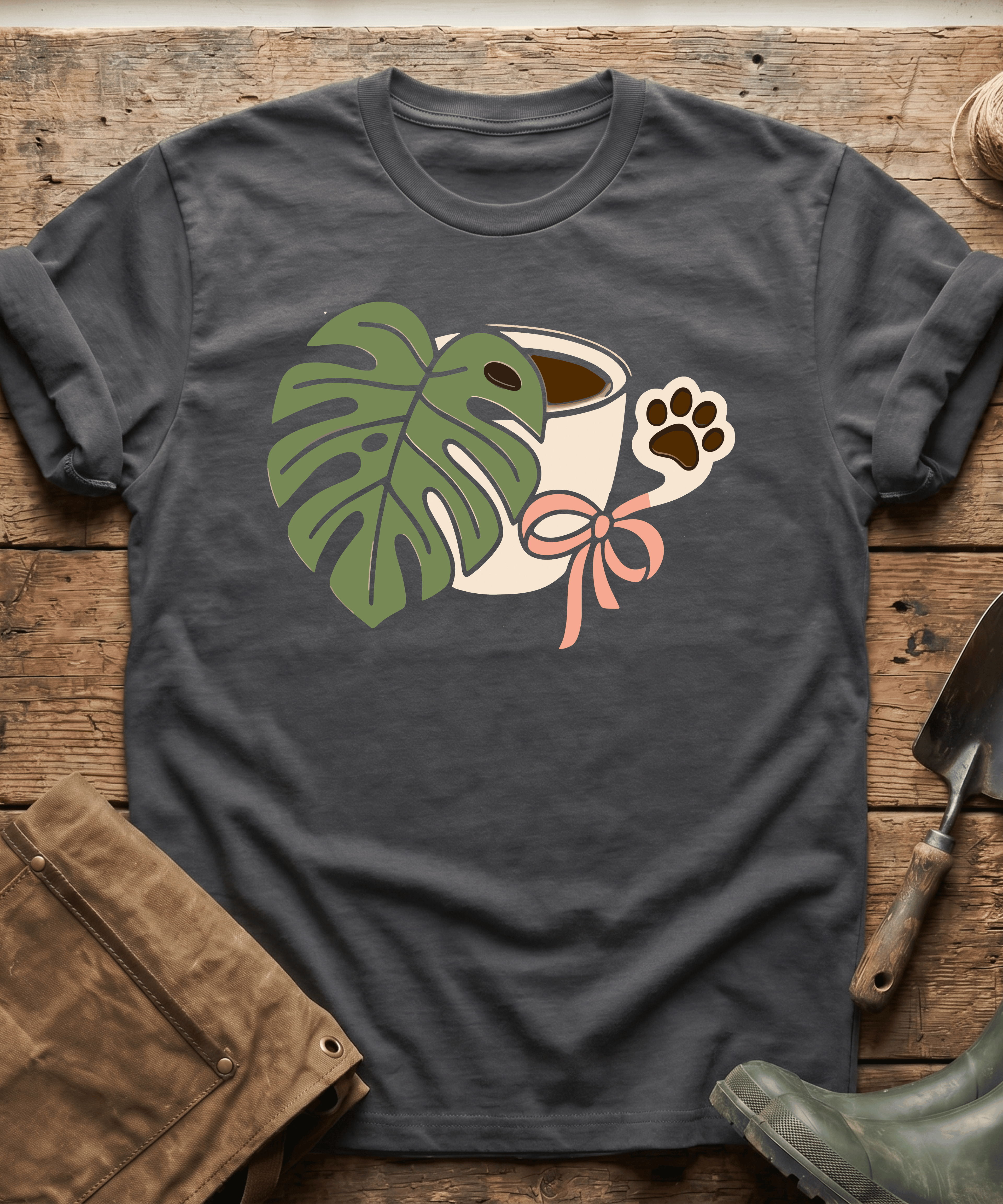 Monstera Coffee Paw Print Line Art T-Shirt