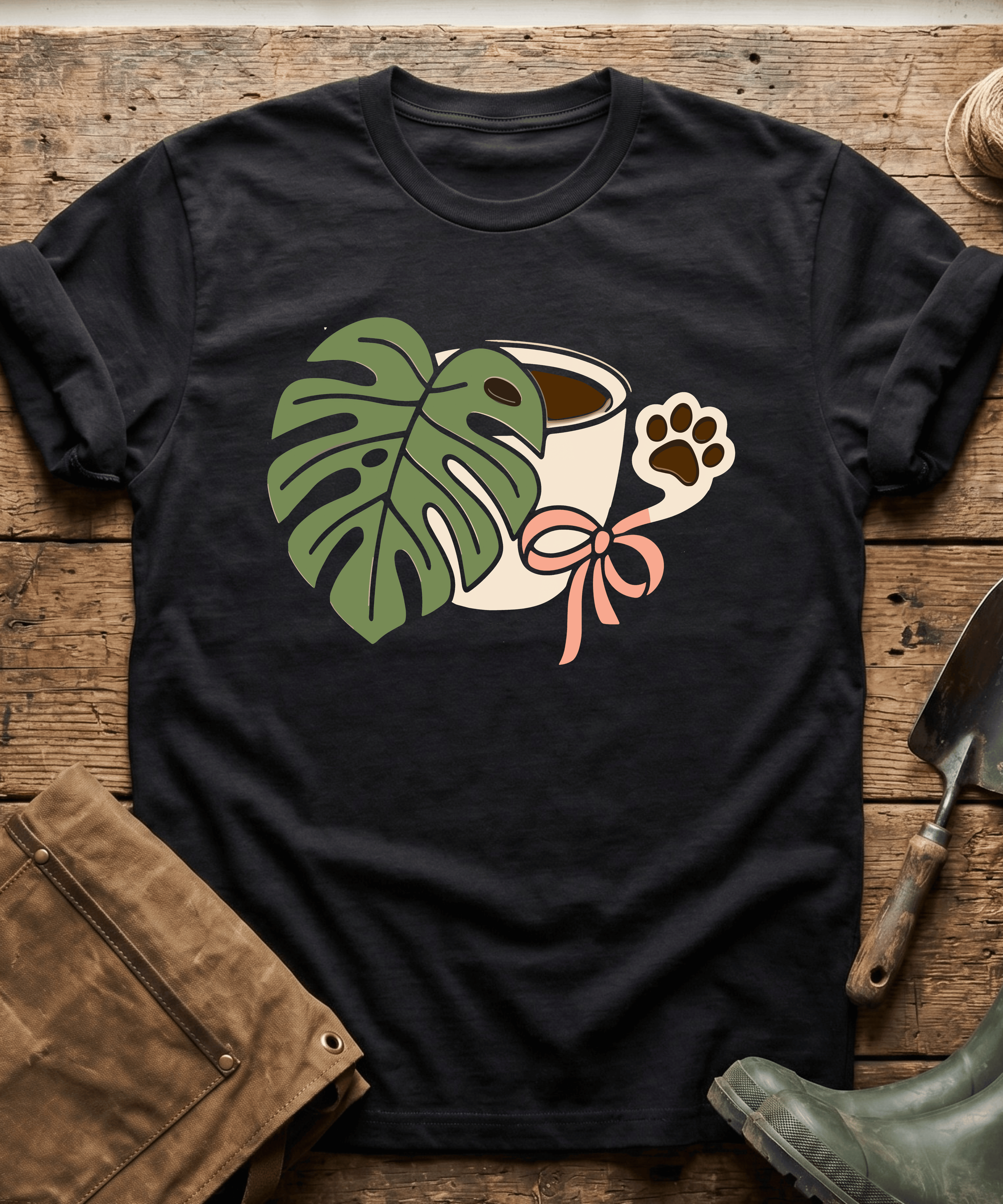 Monstera Coffee Paw Print Line Art T-Shirt