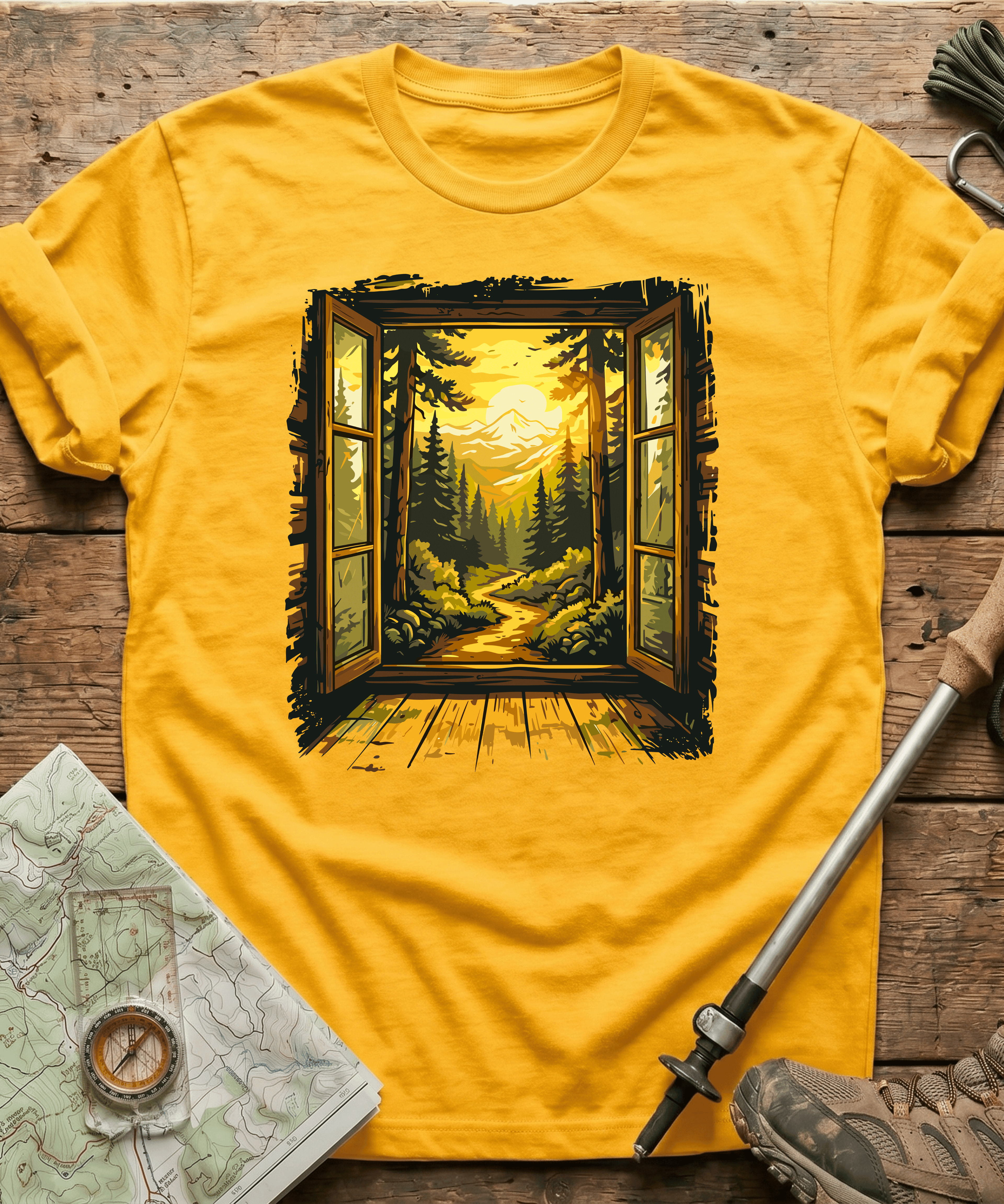 Cabin Window Mountain Sunset T-Shirt