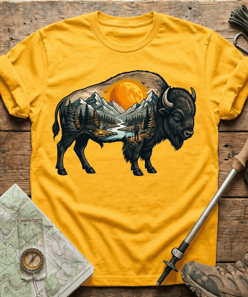 Mountain Hiker Bison Landscape T-Shirt