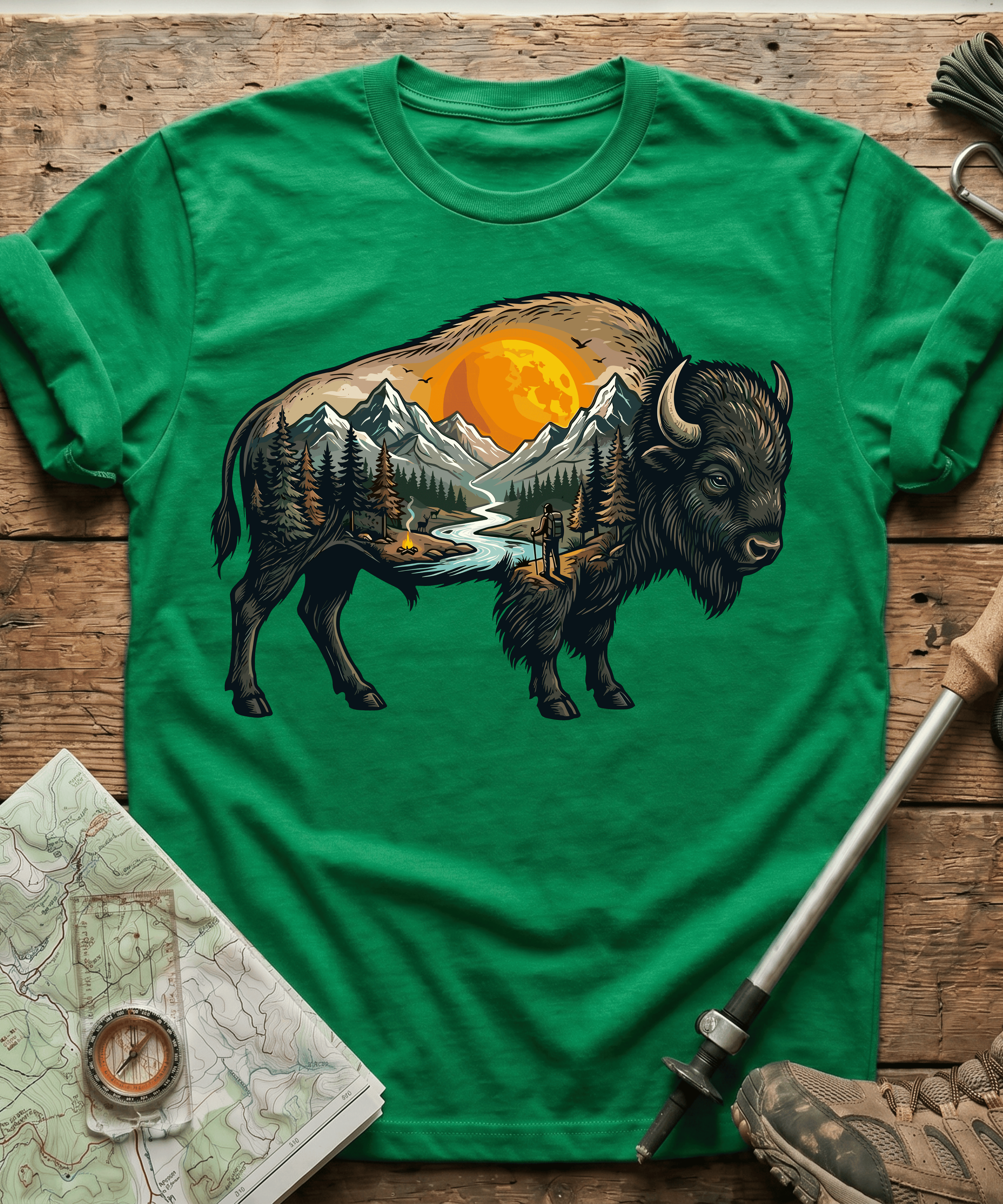 Mountain Hiker Bison Landscape T-Shirt