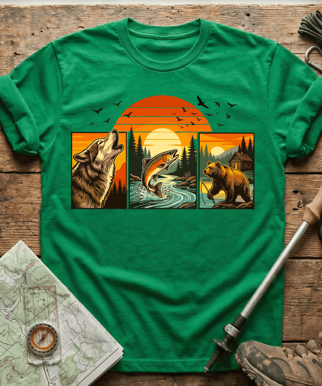 Wild Triptych Wolf Bear Salmon T-Shirt