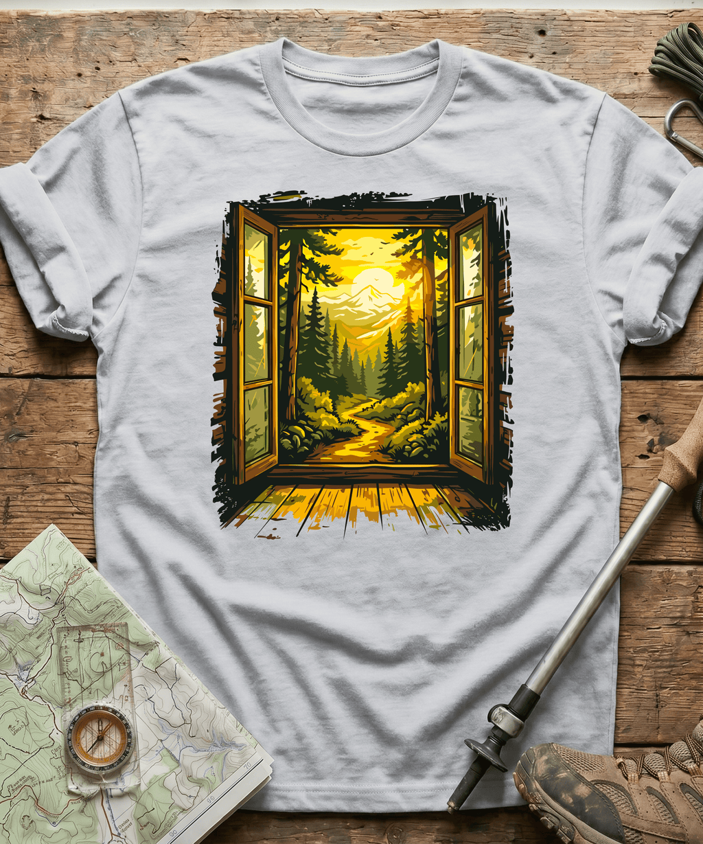 Cabin Window Mountain Sunset T-Shirt