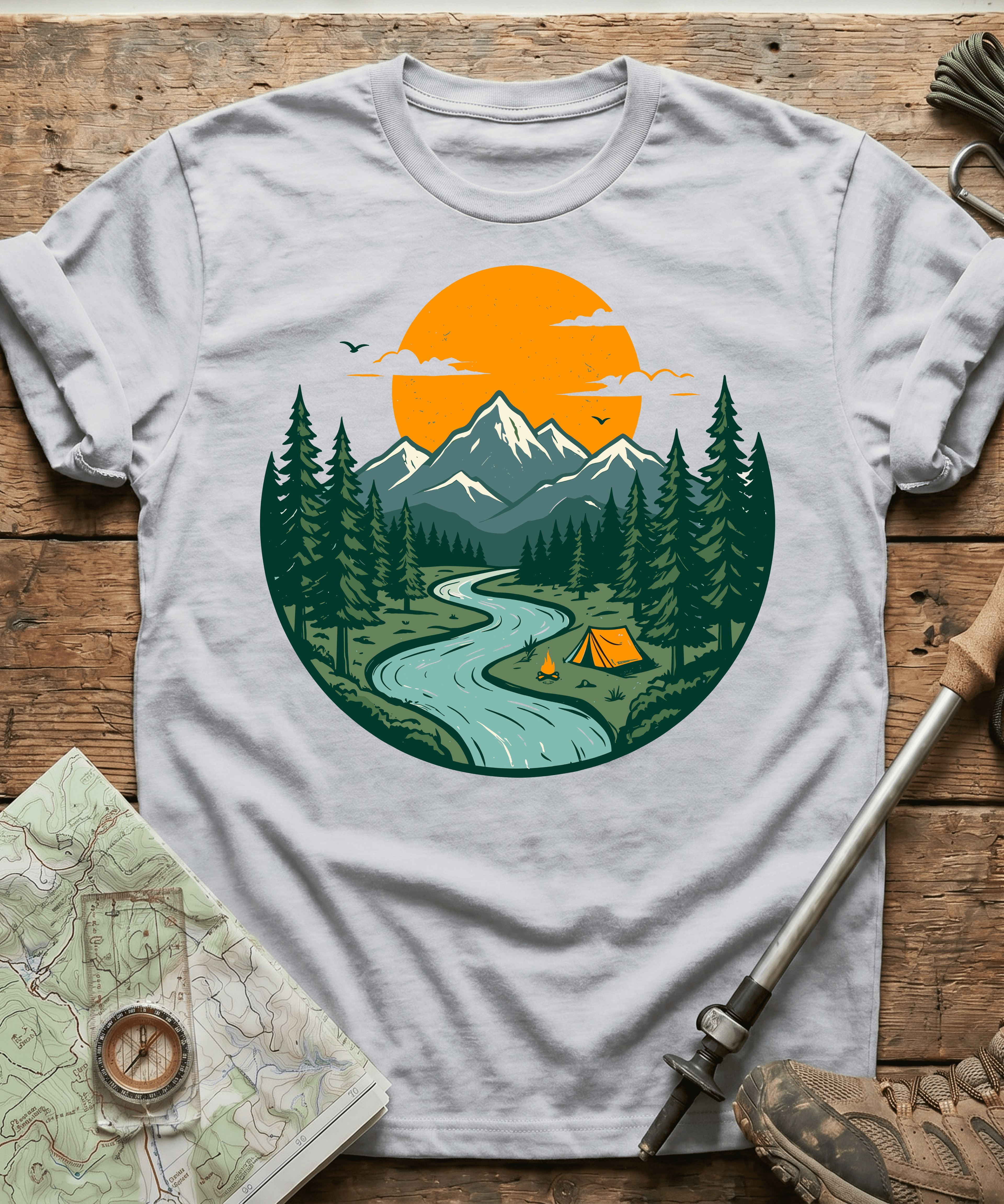 Mountain River Camping Badge T-Shirt