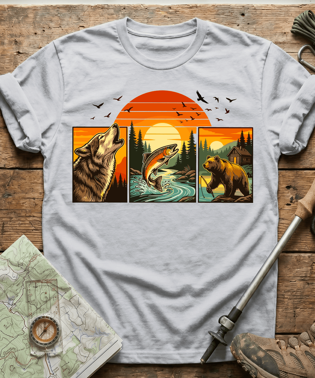 Wild Triptych Wolf Bear Salmon T-Shirt