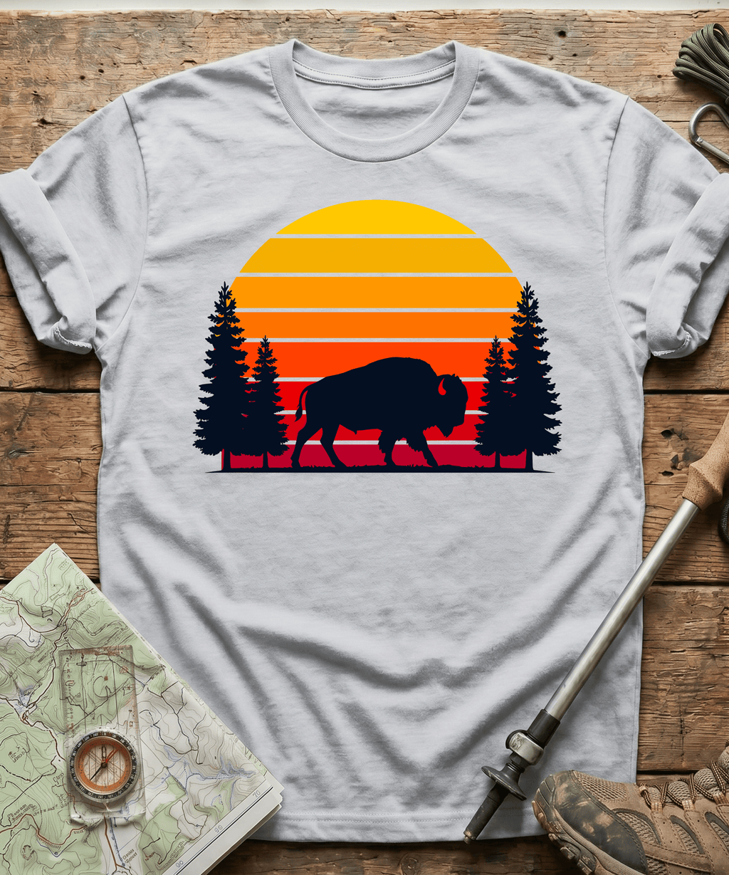Retro Forest Bison Sunset T-Shirt
