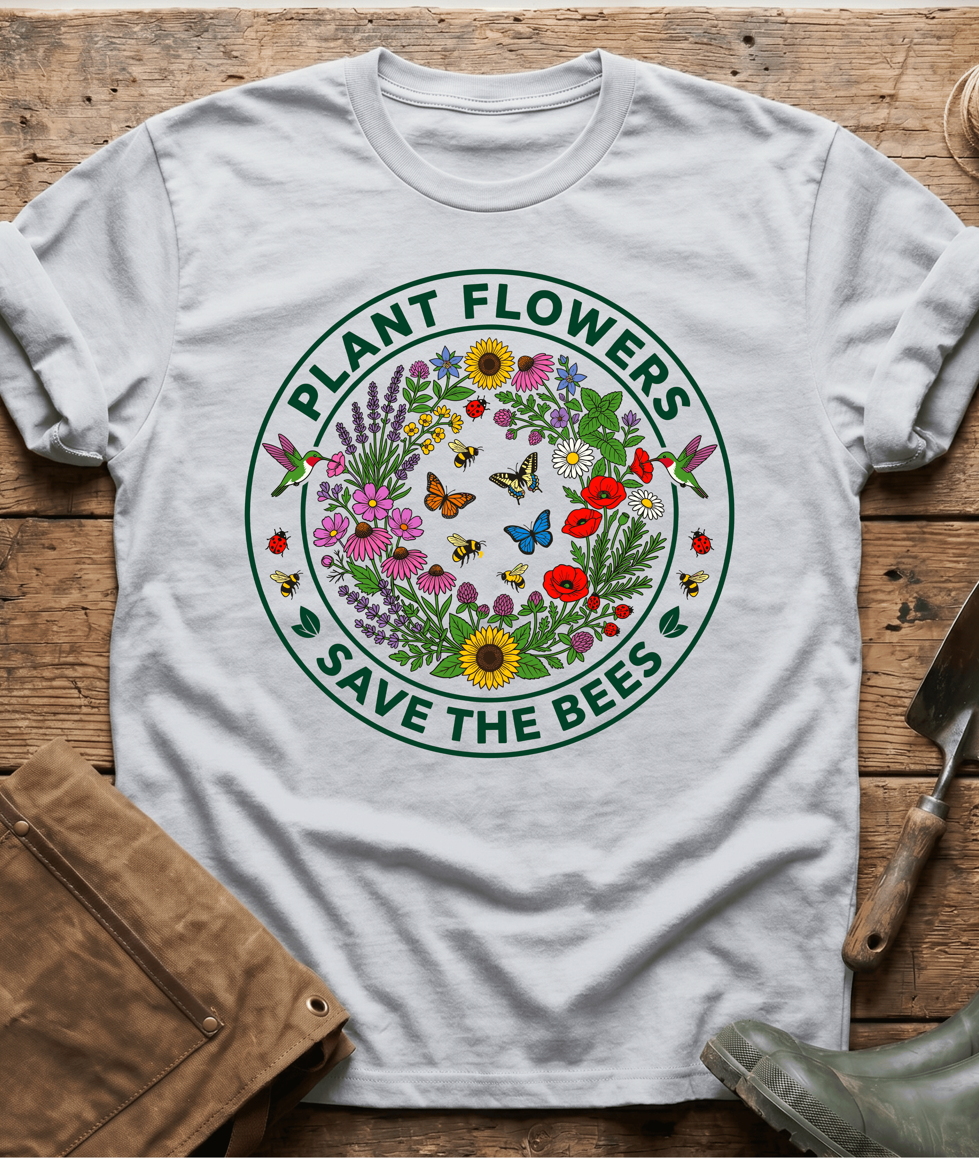 Botanical Plant Flowers Save The Bees Badge T-Shirt