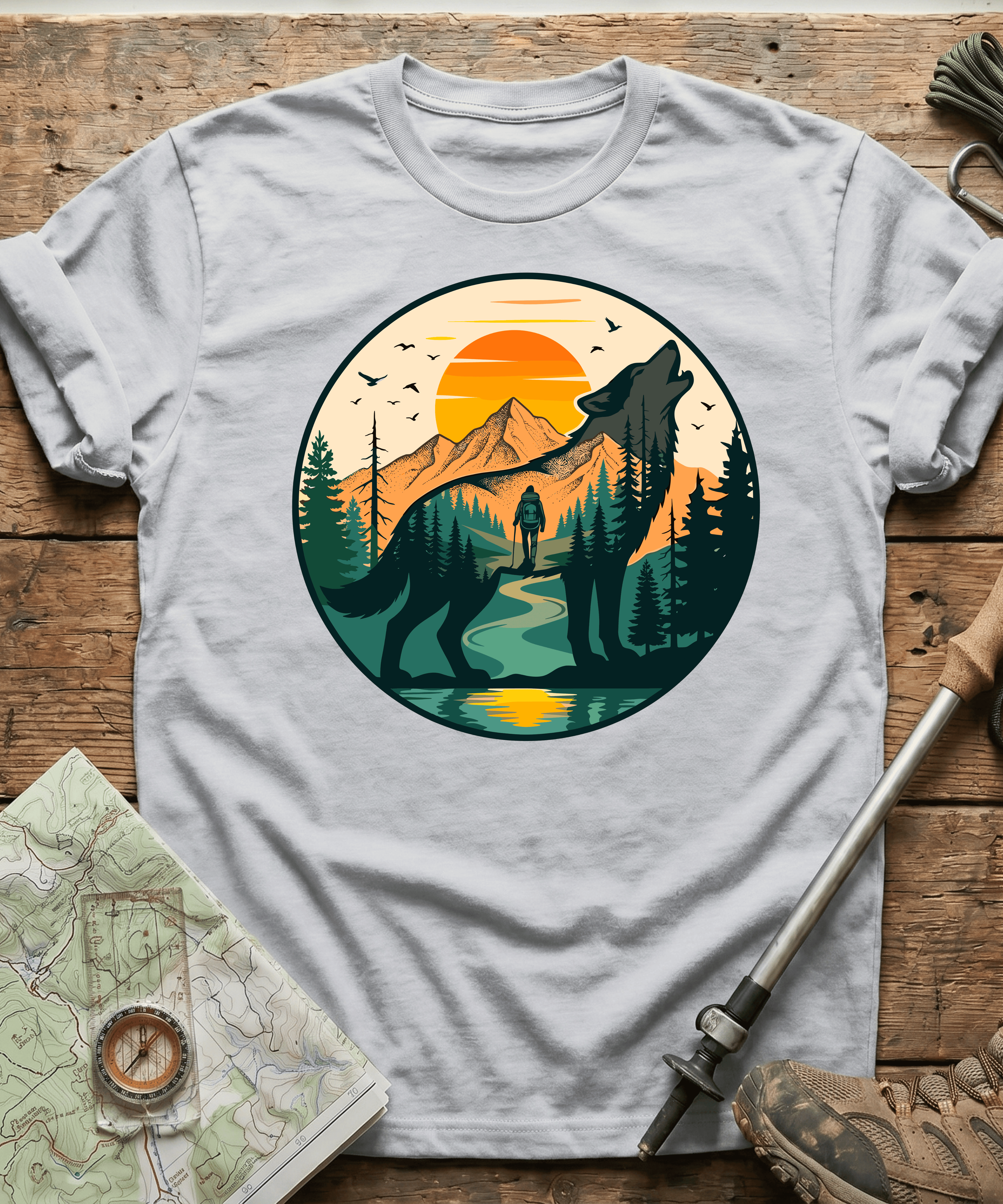 Mountain Hiker Howling Wolf Badge T-Shirt