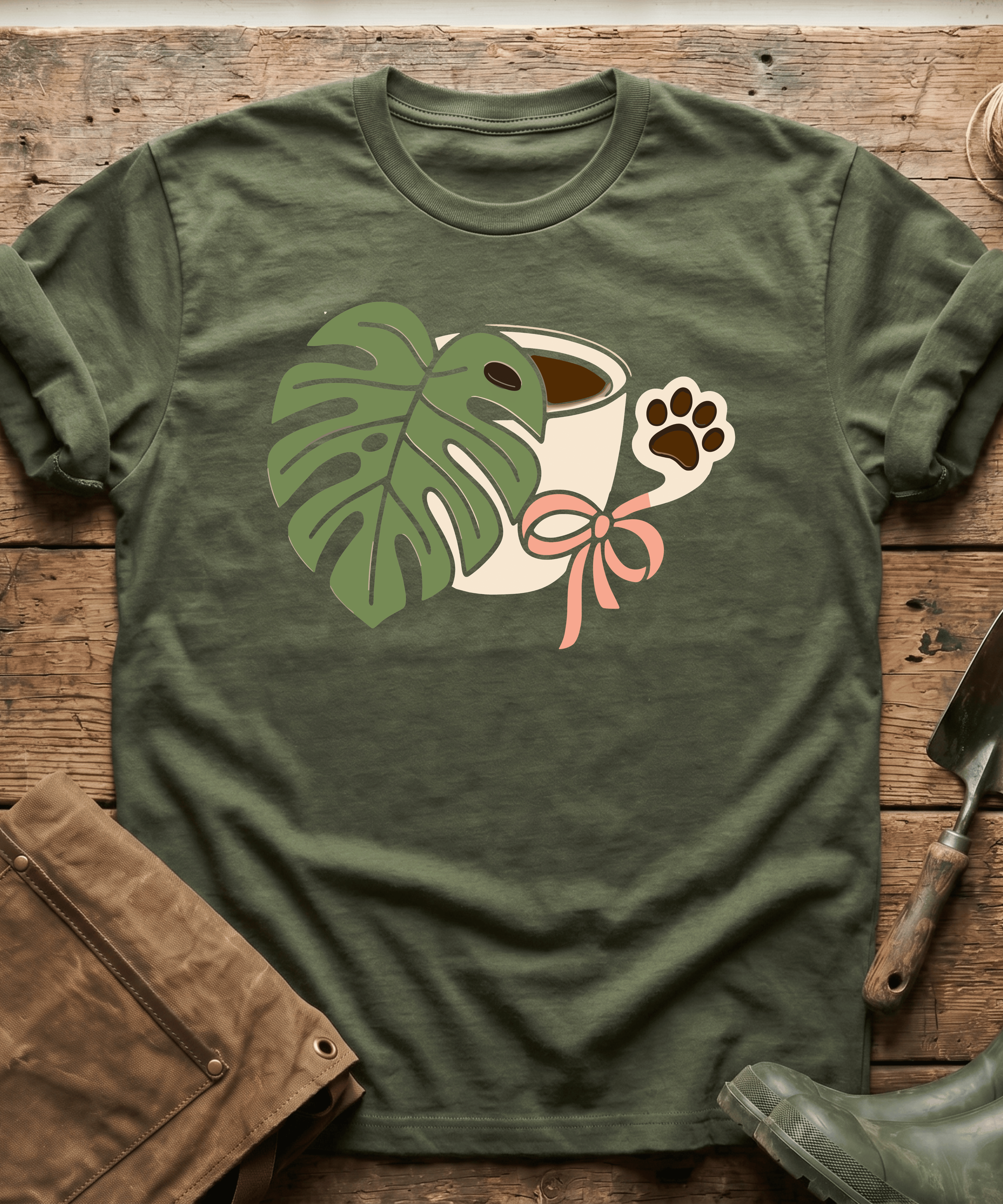 Monstera Coffee Paw Print Line Art T-Shirt