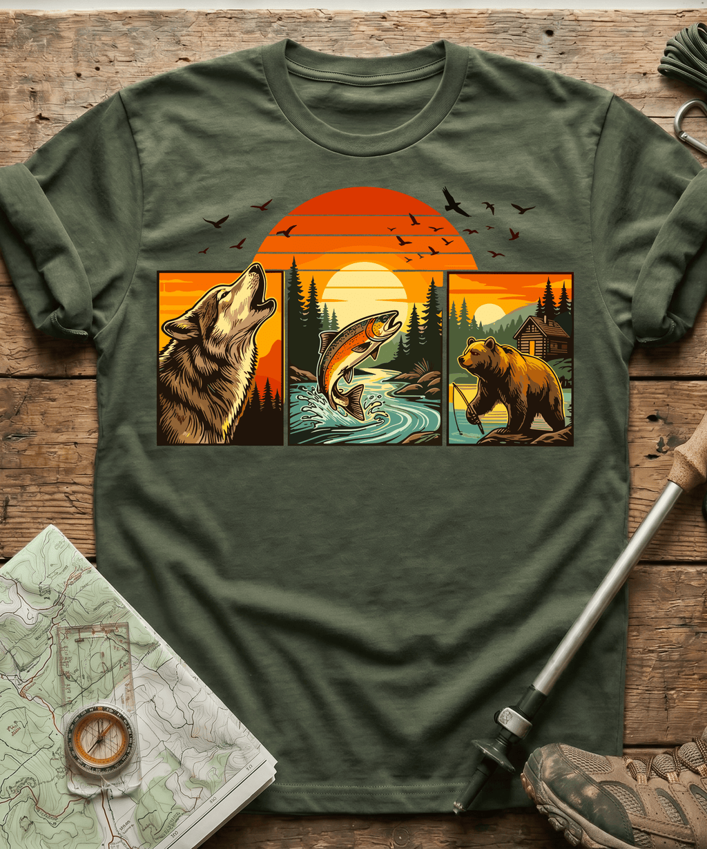 Wild Triptych Wolf Bear Salmon T-Shirt