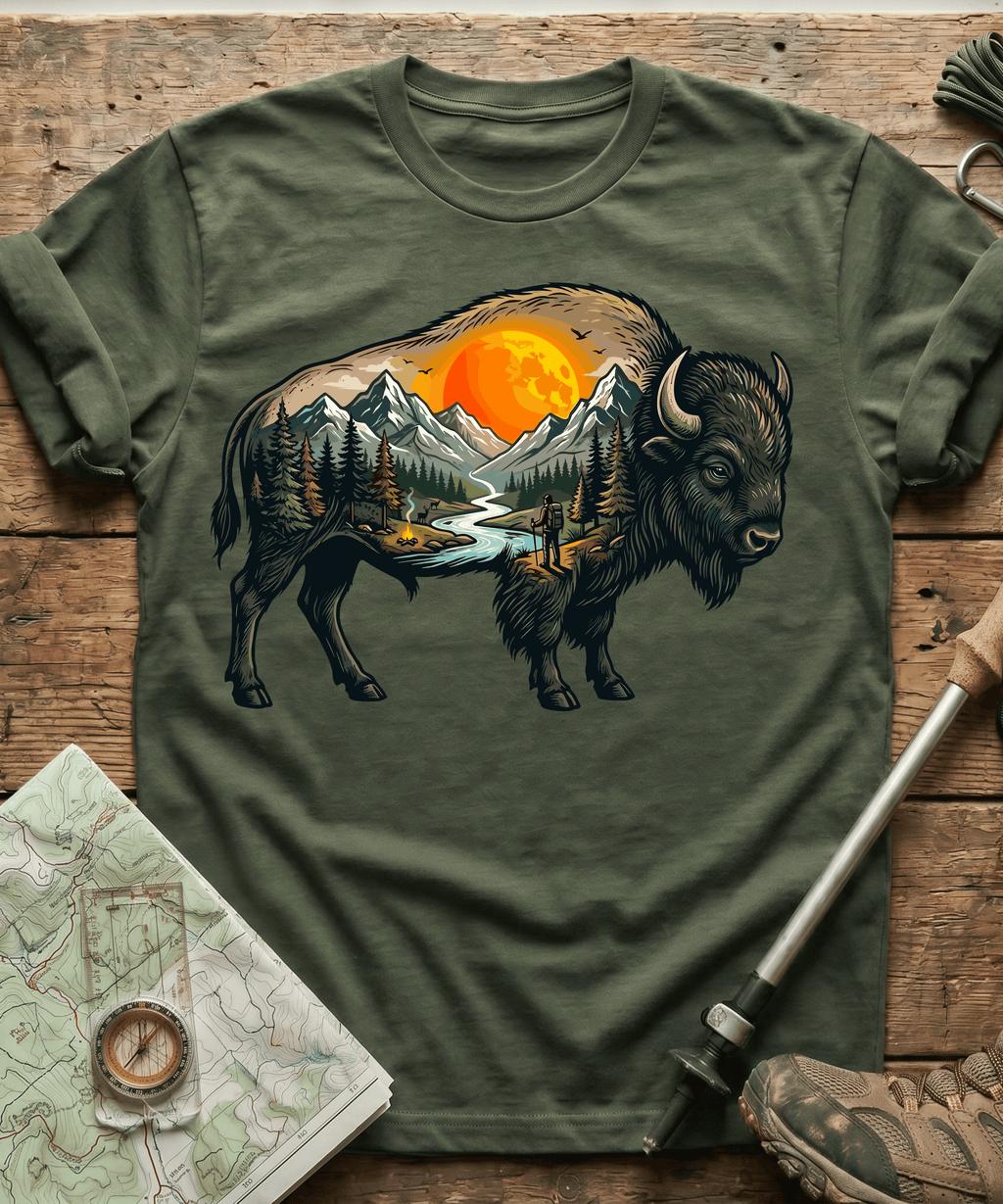 Mountain Hiker Bison Landscape T-Shirt