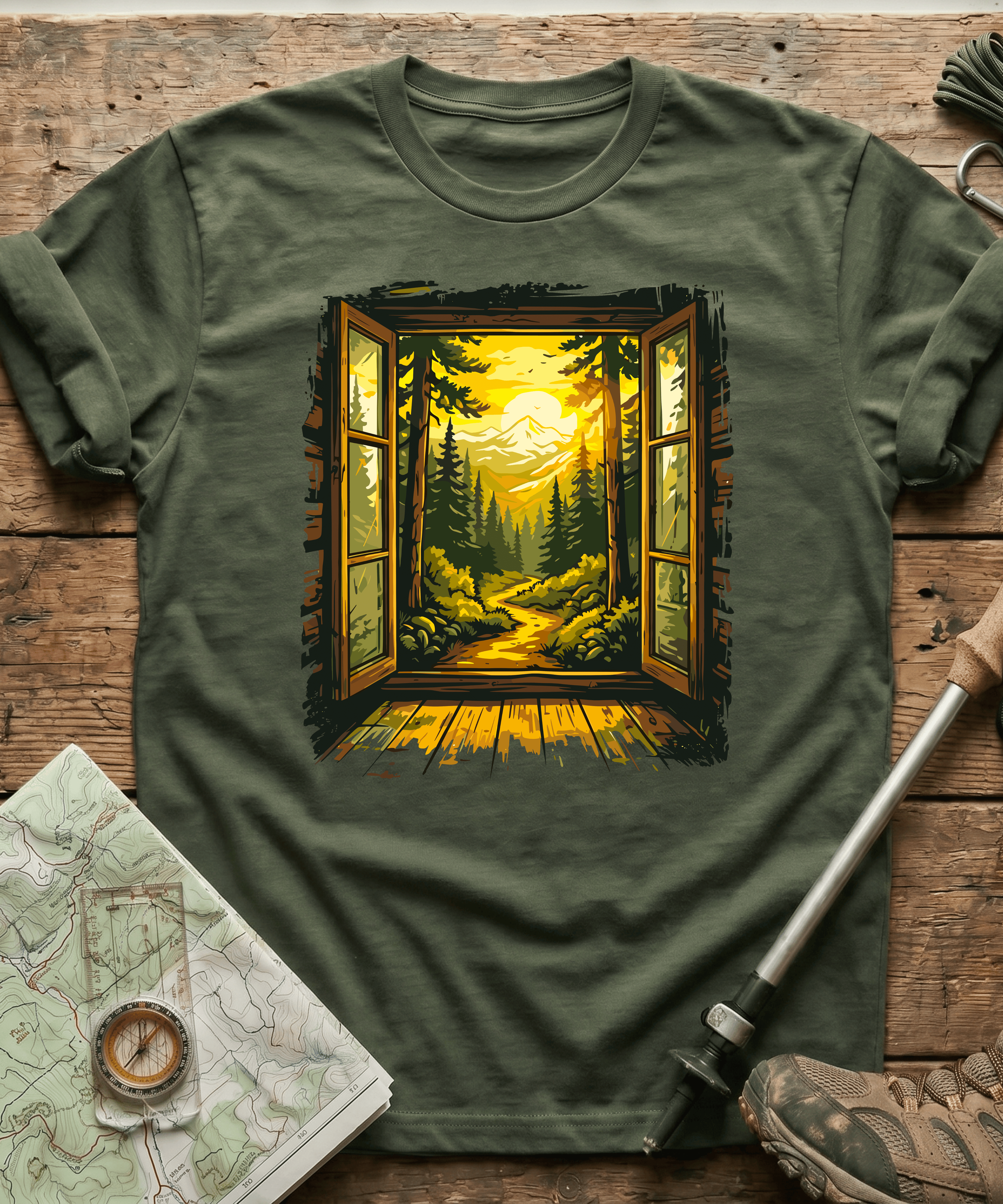 Cabin Window Mountain Sunset T-Shirt