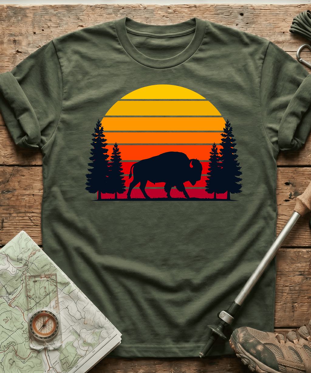 Retro Forest Bison Sunset T-Shirt