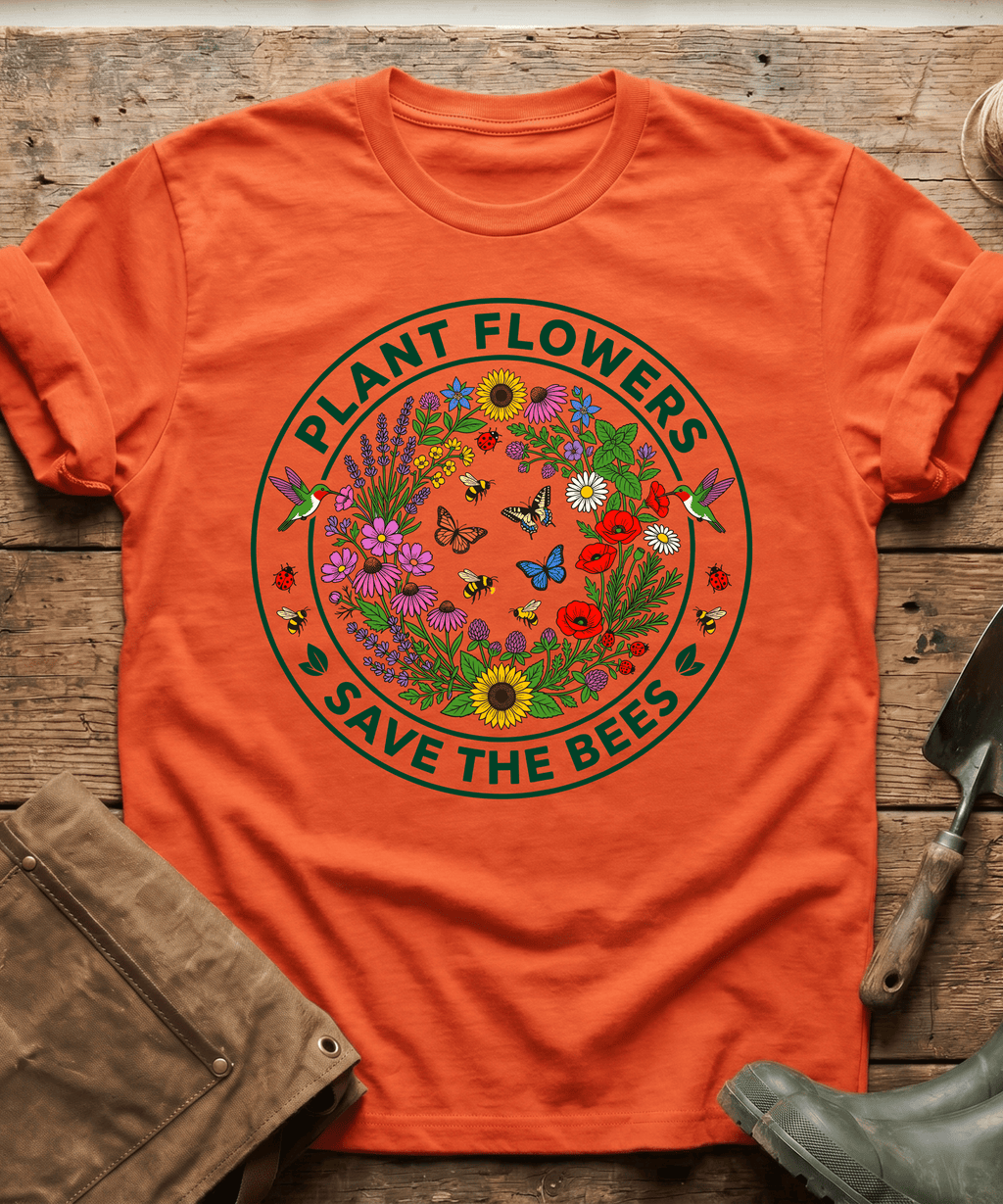 Botanical Plant Flowers Save The Bees Badge T-Shirt