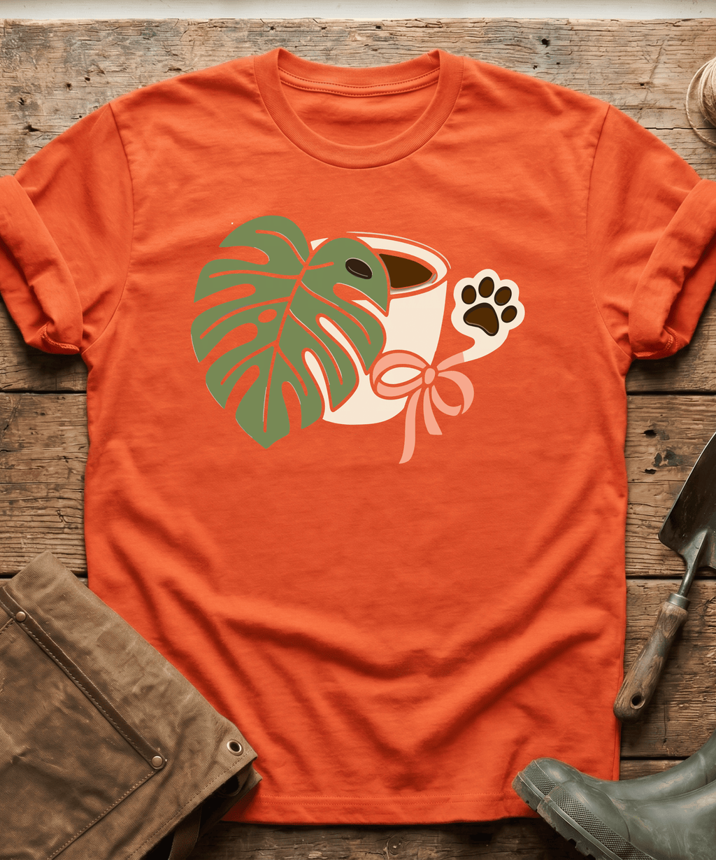 Monstera Coffee Paw Print Line Art T-Shirt