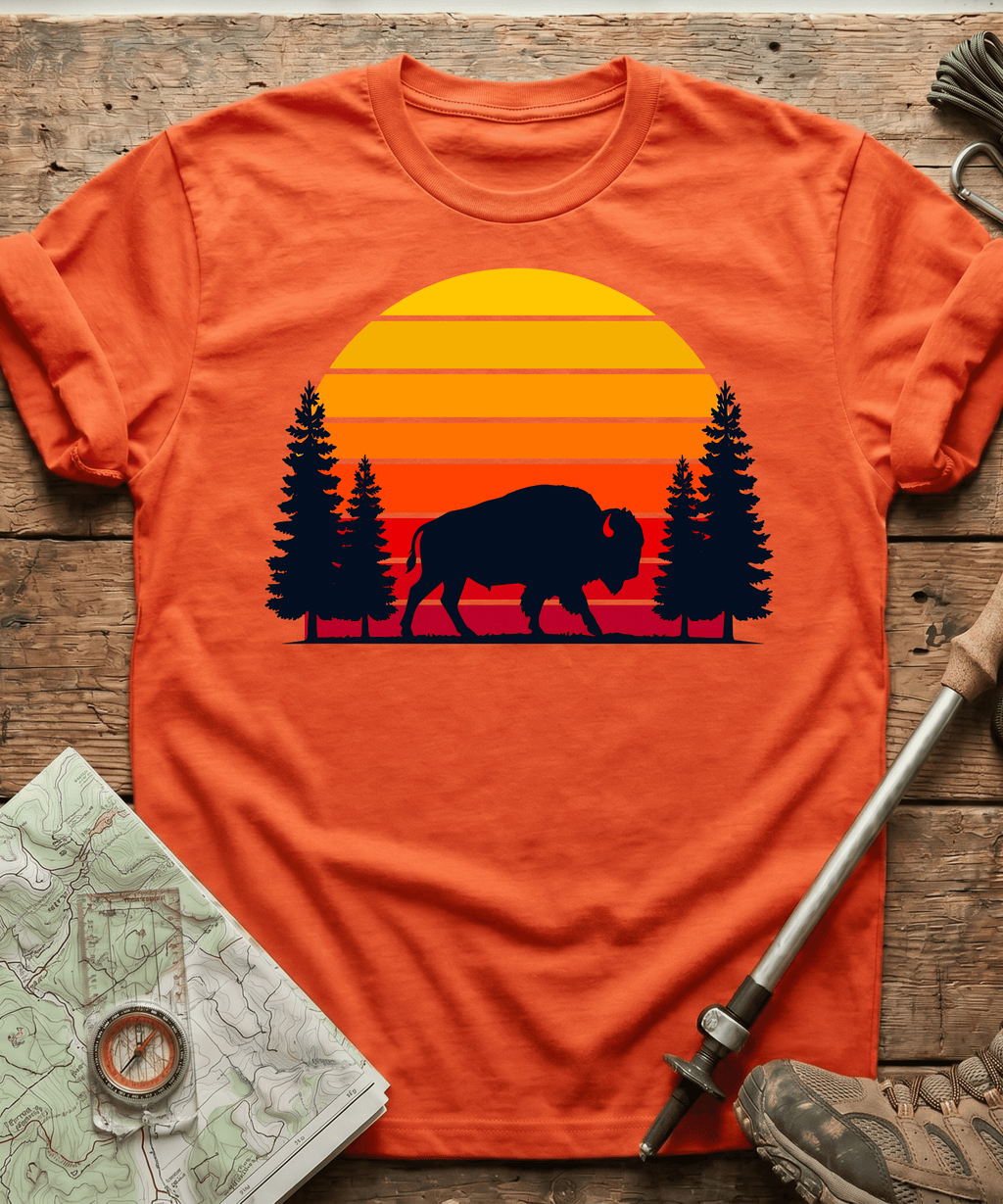 Retro Forest Bison Sunset T-Shirt