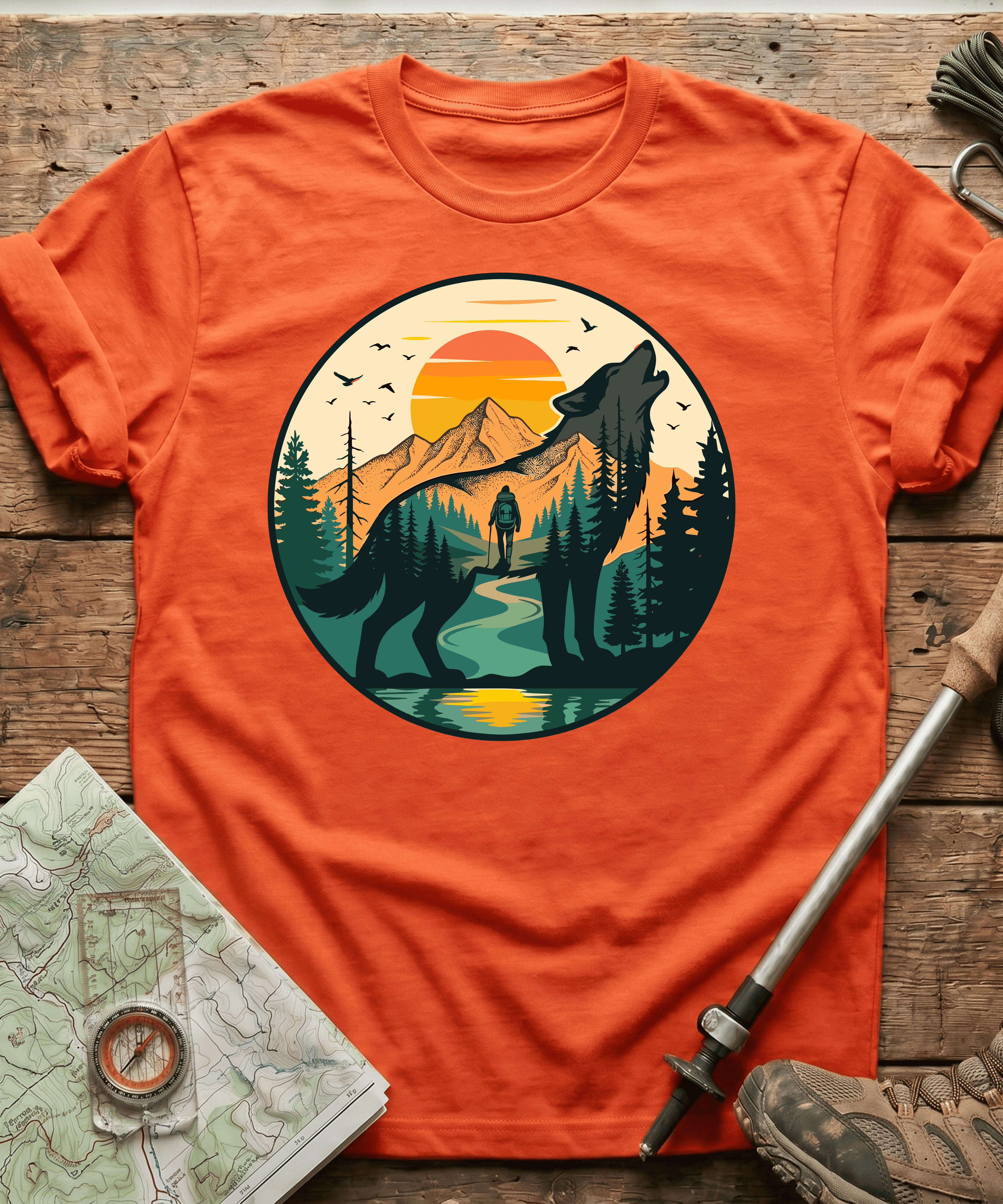 Mountain Hiker Howling Wolf Badge T-Shirt