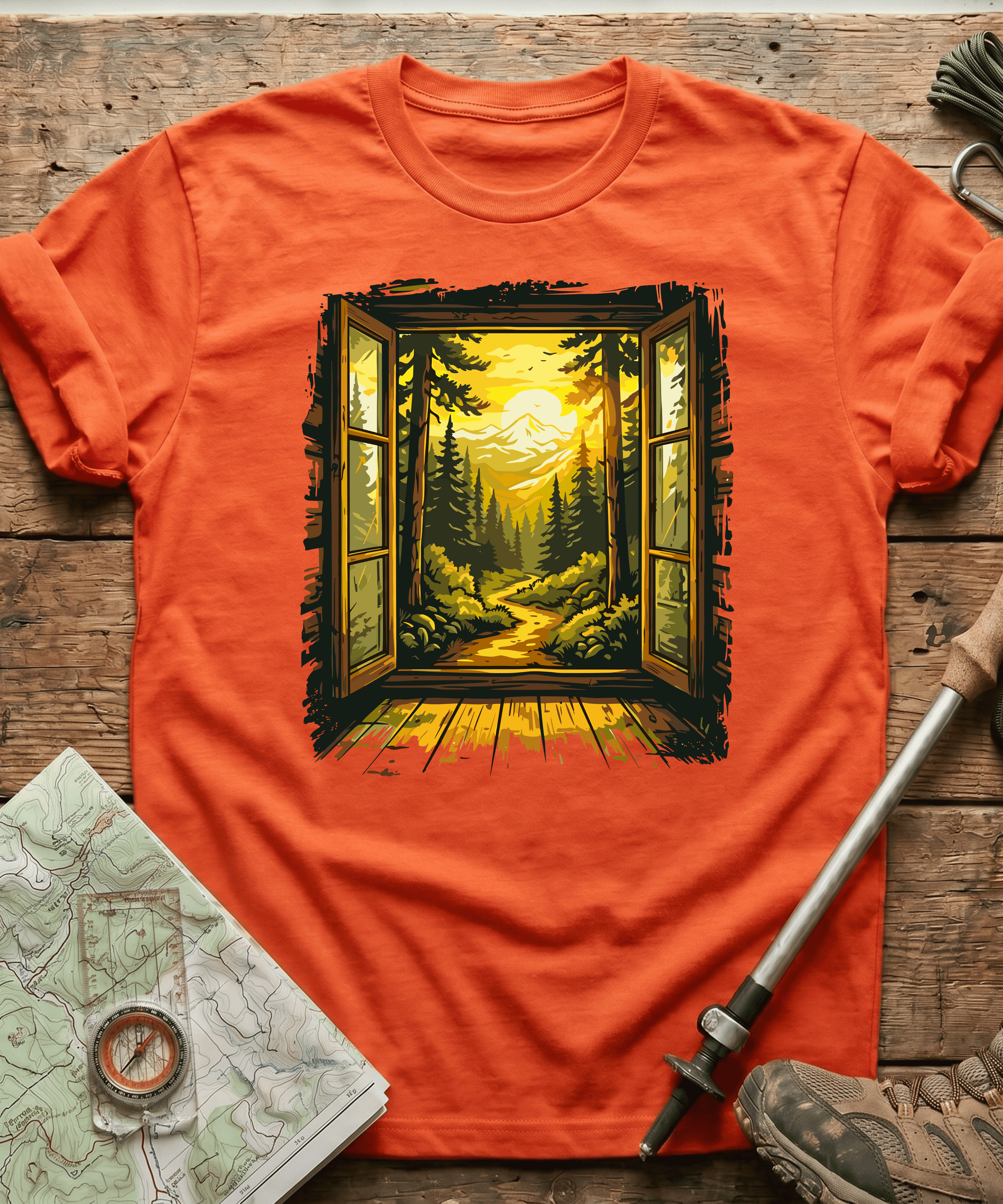 Cabin Window Mountain Sunset T-Shirt