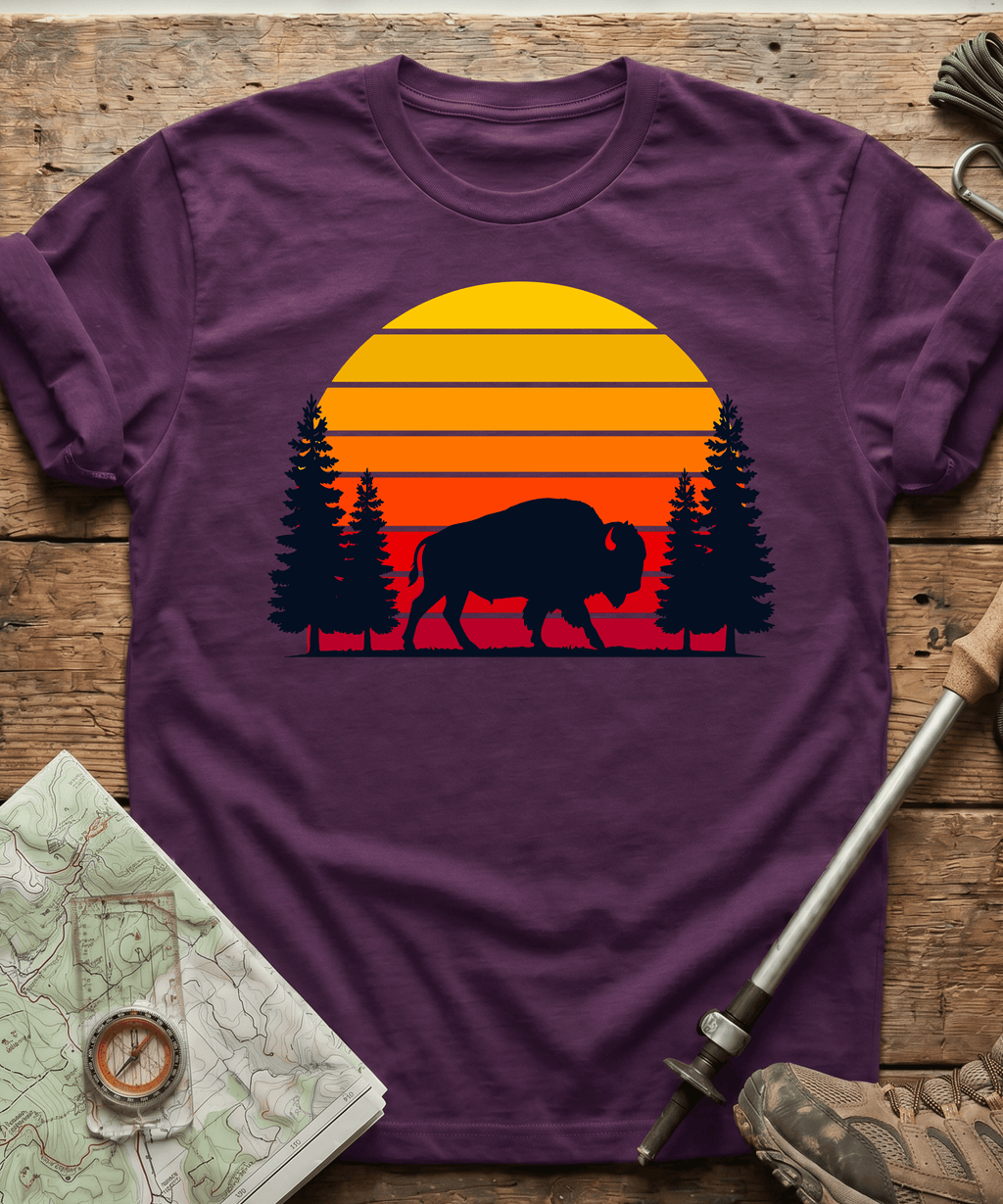 Retro Forest Bison Sunset T-Shirt