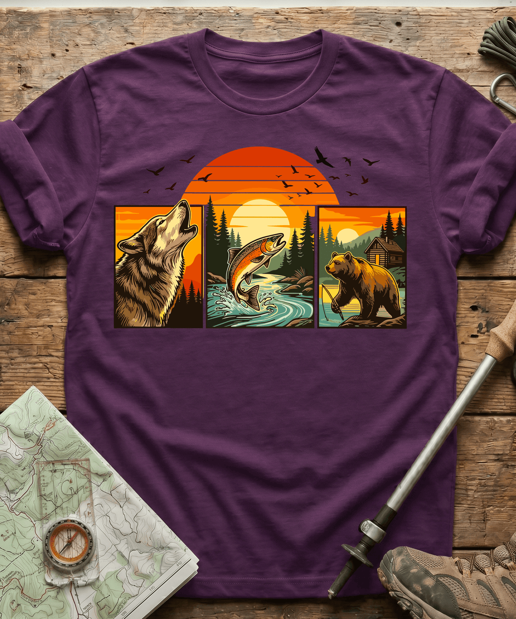 Wild Triptych Wolf Bear Salmon T-Shirt