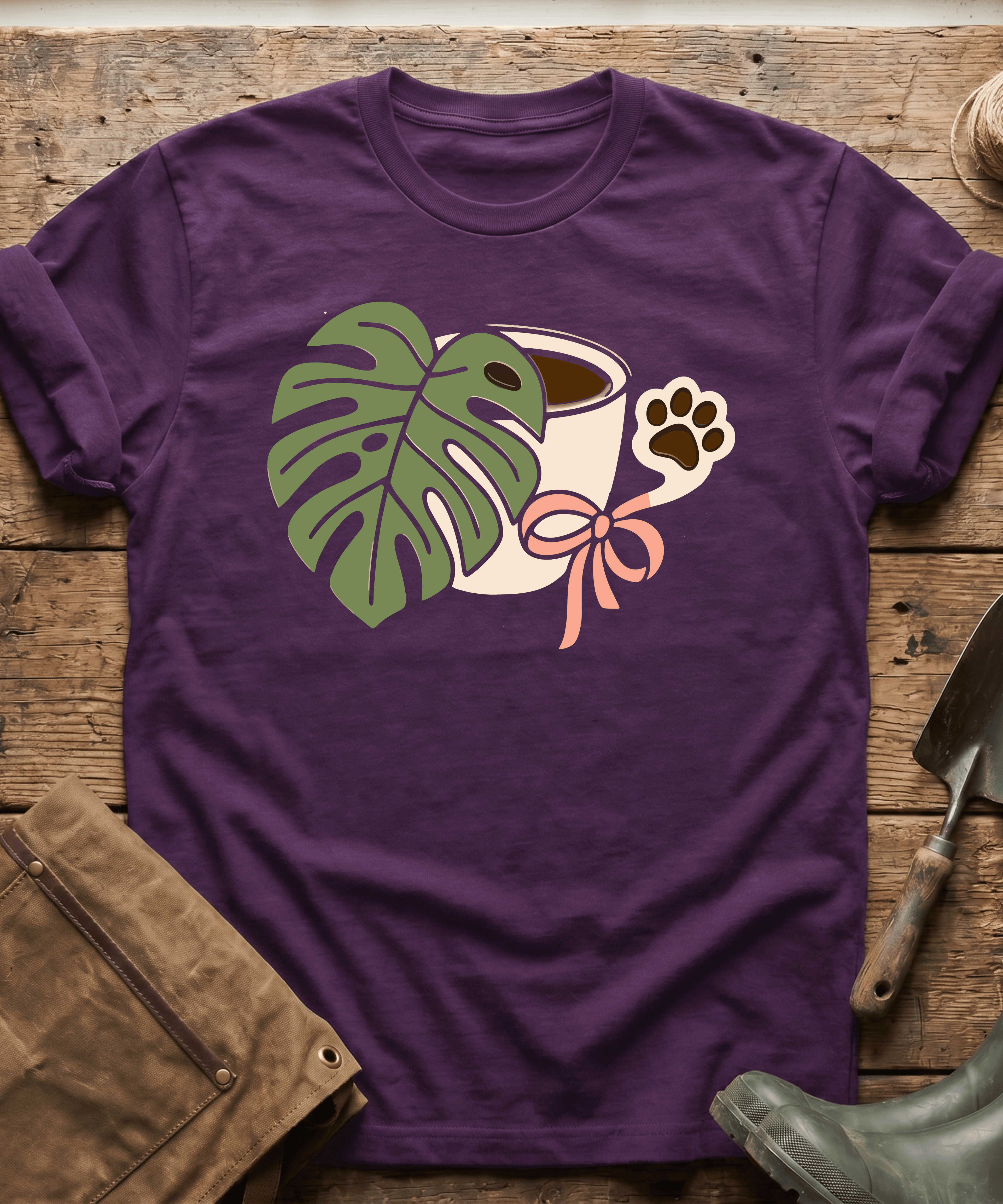 Monstera Coffee Paw Print Line Art T-Shirt