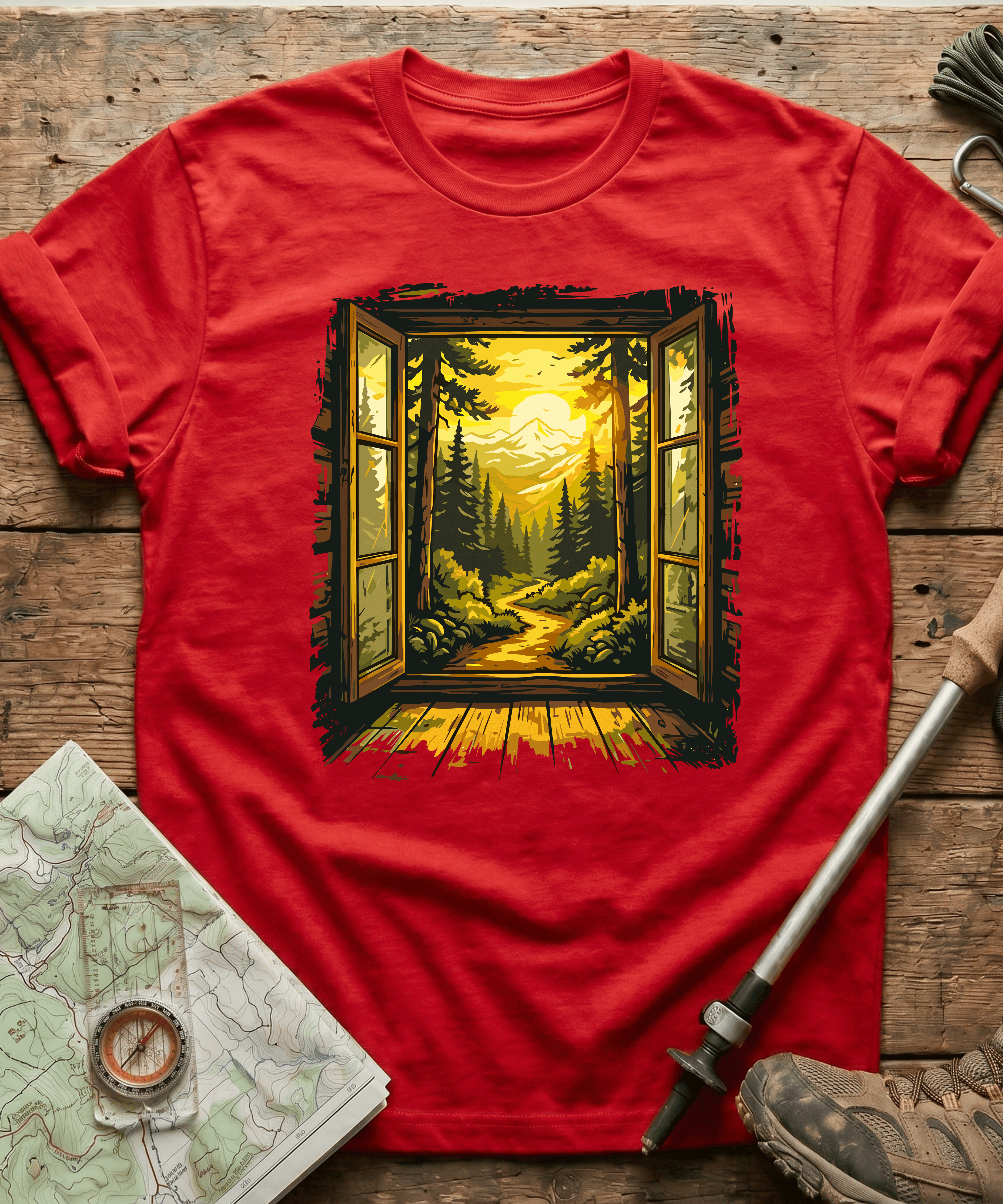 Cabin Window Mountain Sunset T-Shirt
