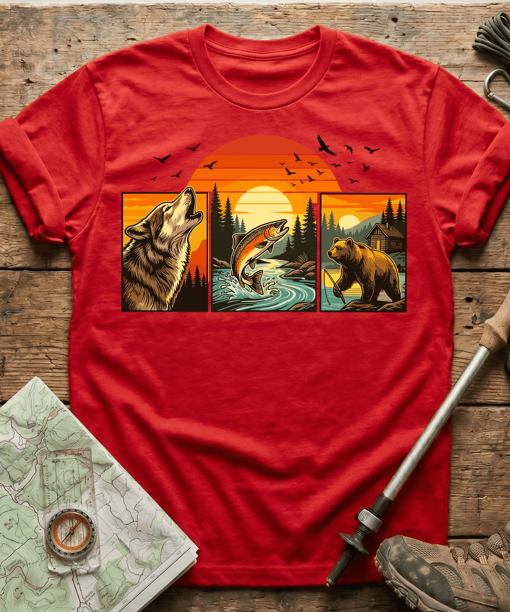 Wild Triptych Wolf Bear Salmon T-Shirt