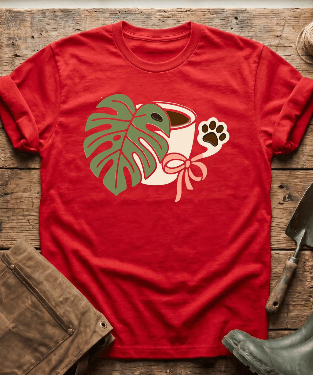 Monstera Coffee Paw Print Line Art T-Shirt