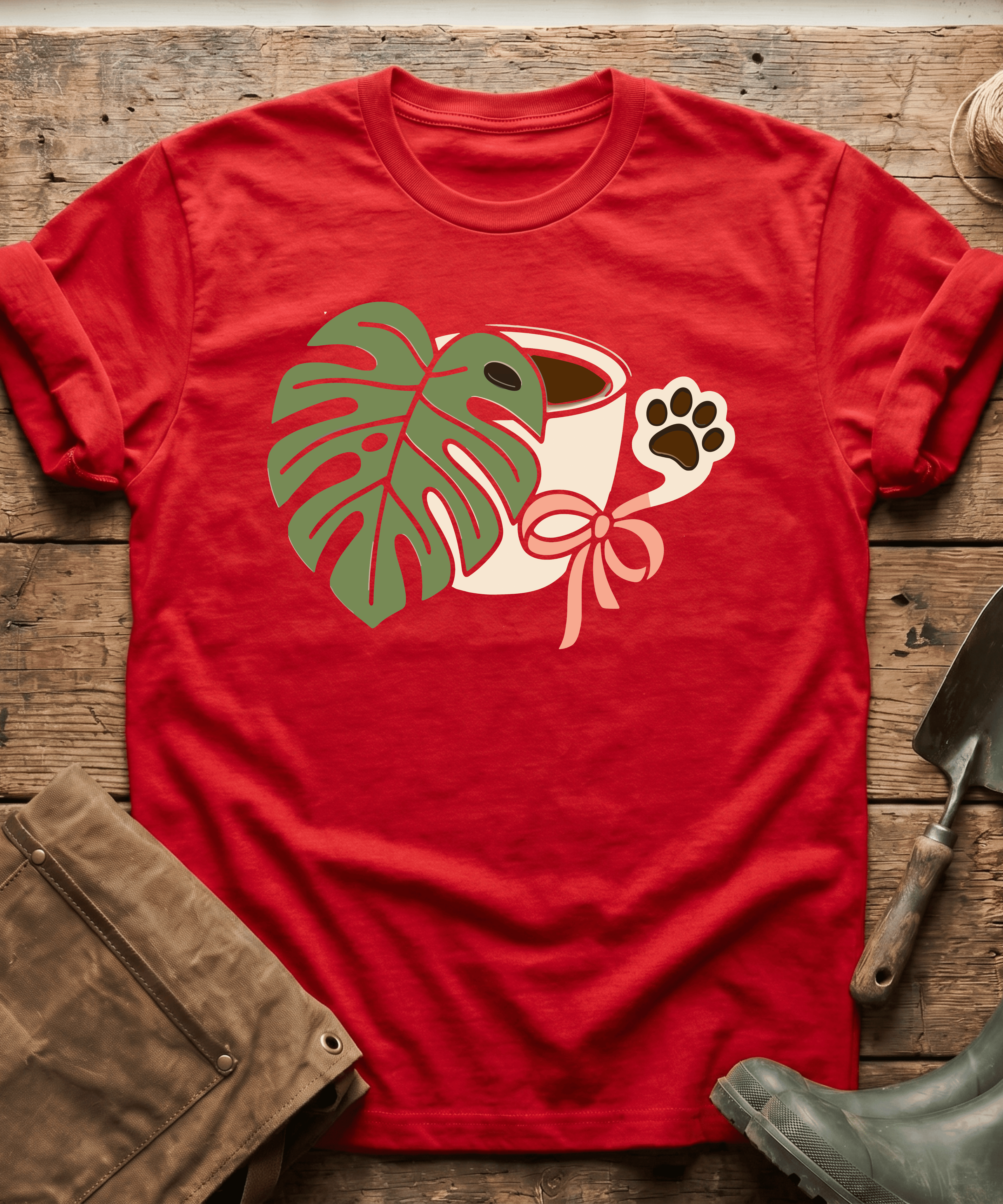 Monstera Coffee Paw Print Line Art T-Shirt