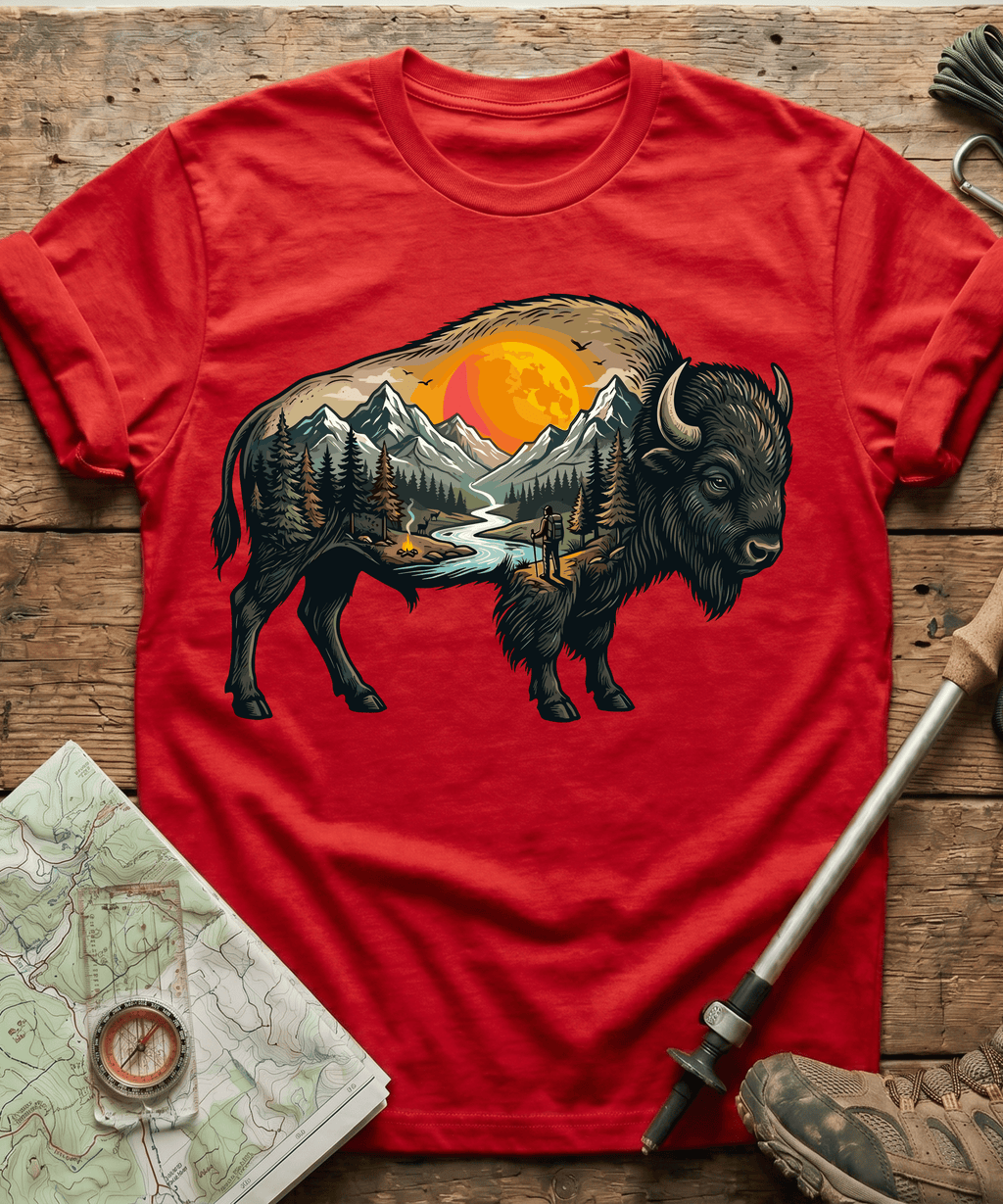 Mountain Hiker Bison Landscape T-Shirt