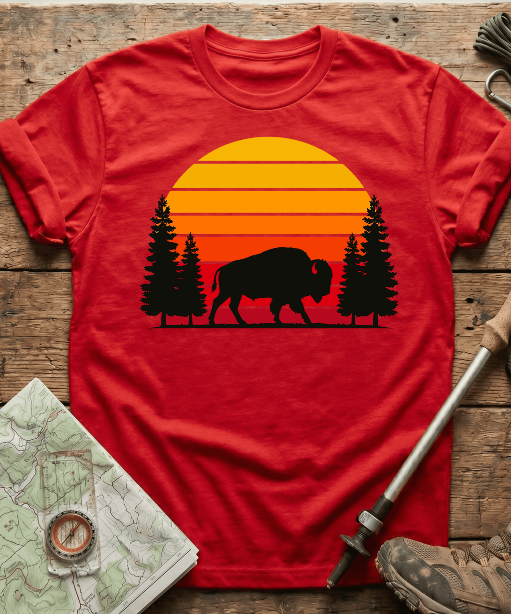 Retro Forest Bison Sunset T-Shirt