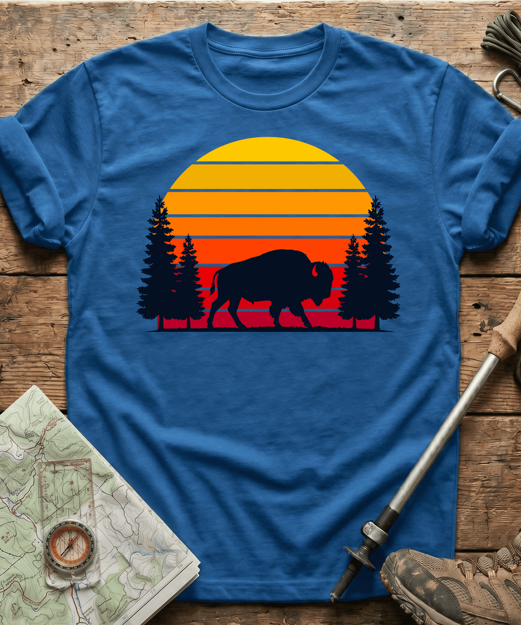 Retro Forest Bison Sunset T-Shirt