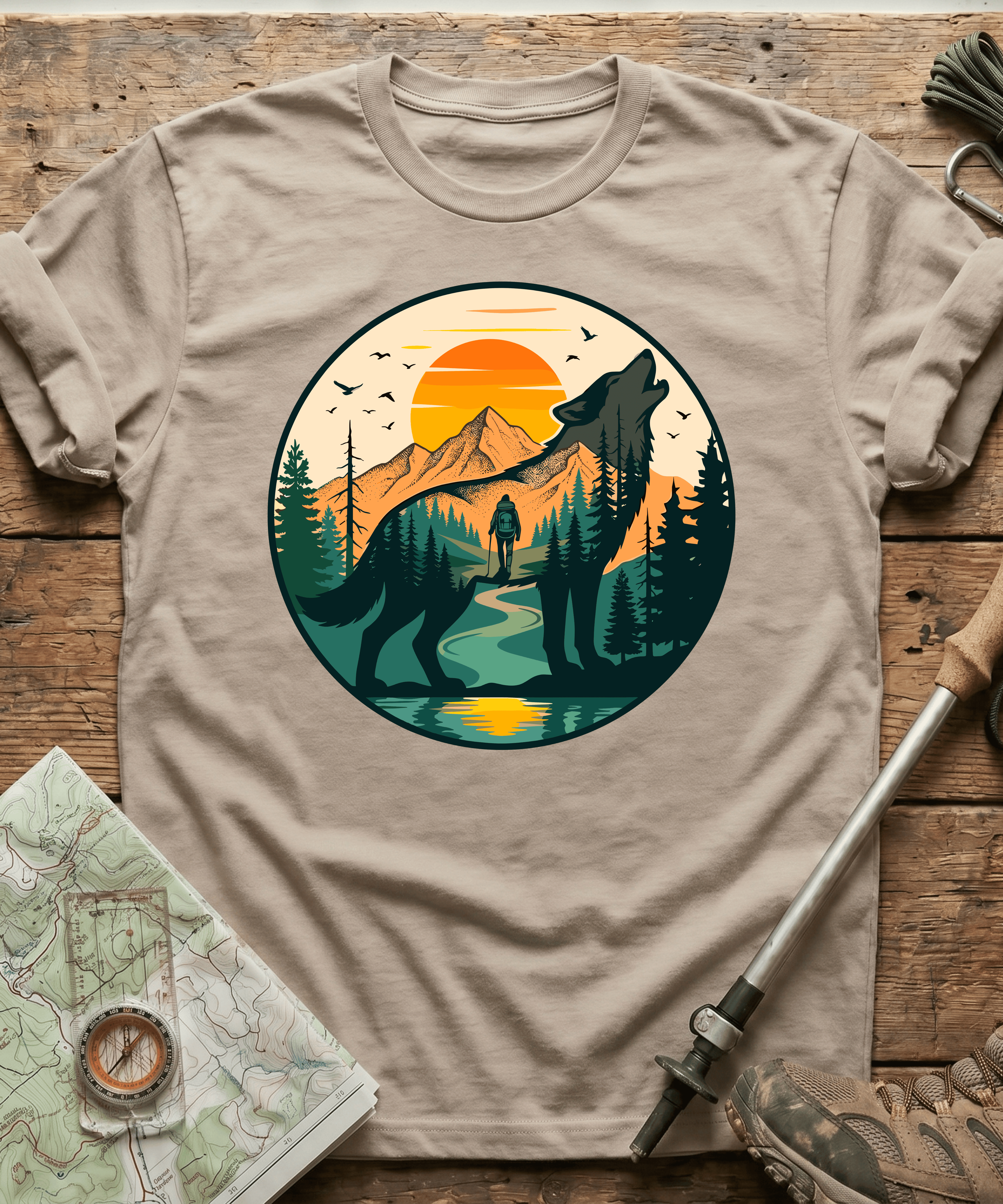 Mountain Hiker Howling Wolf Badge T-Shirt