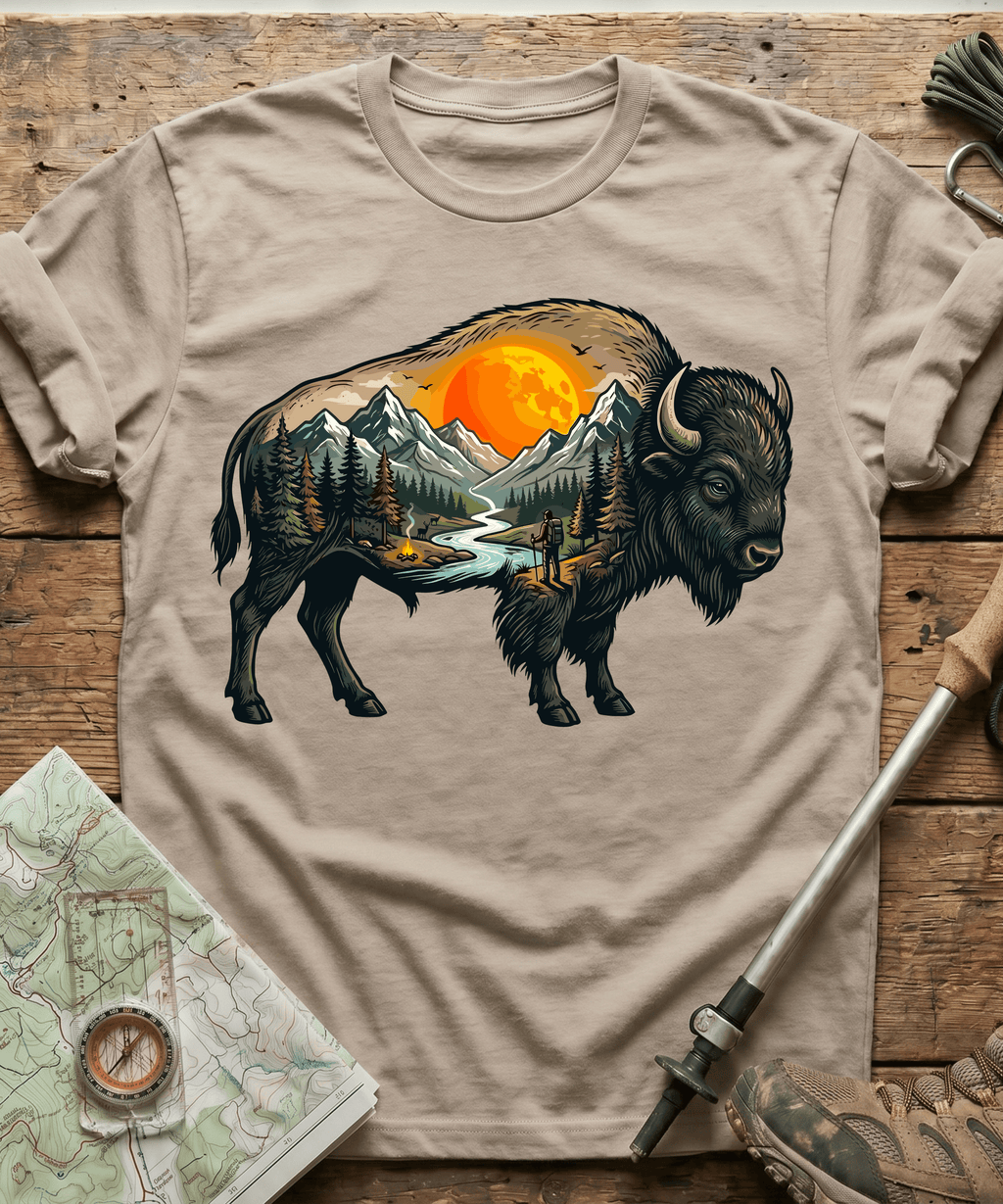 Mountain Hiker Bison Landscape T-Shirt