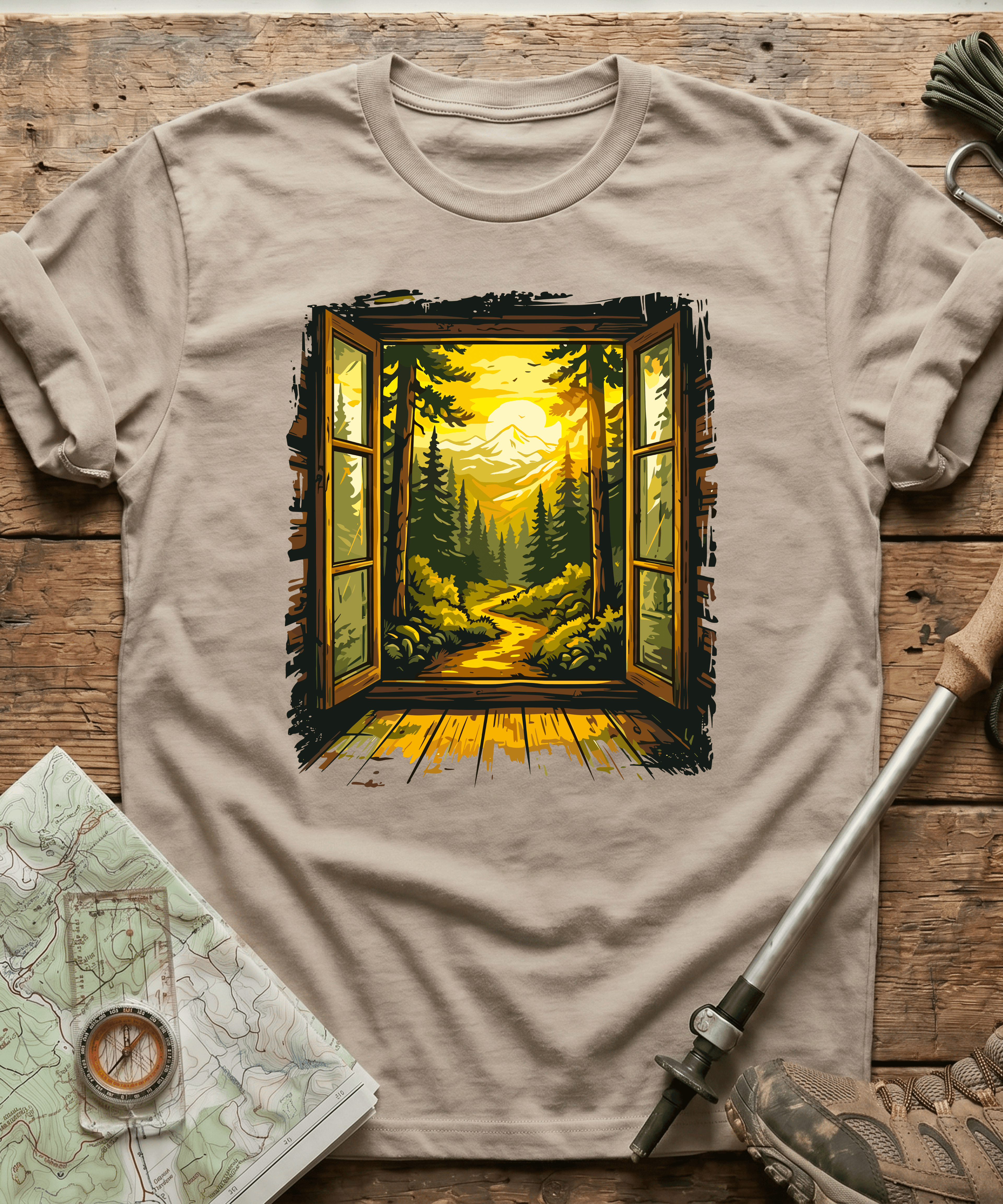 Cabin Window Mountain Sunset T-Shirt