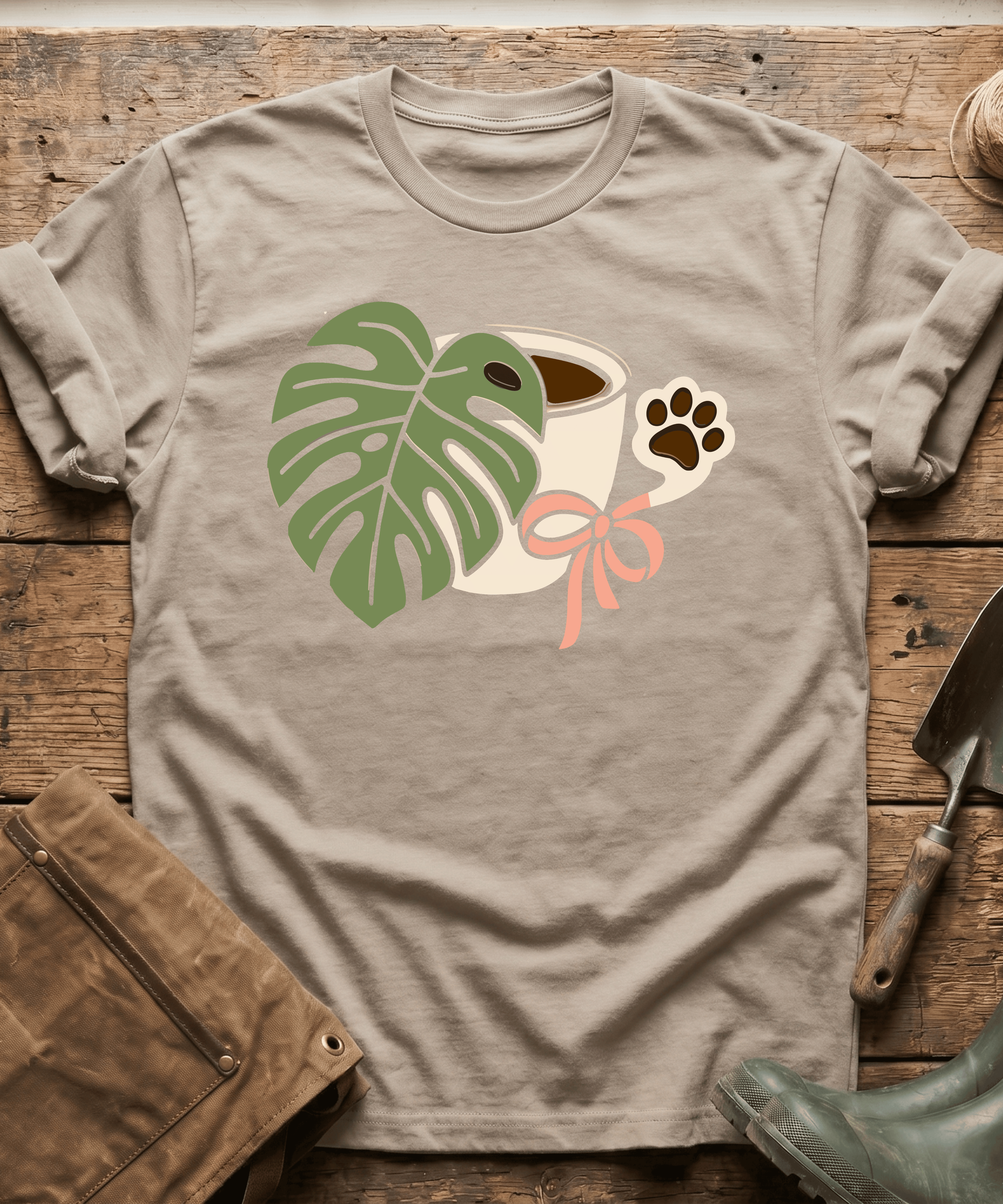 Monstera Coffee Paw Print Line Art T-Shirt