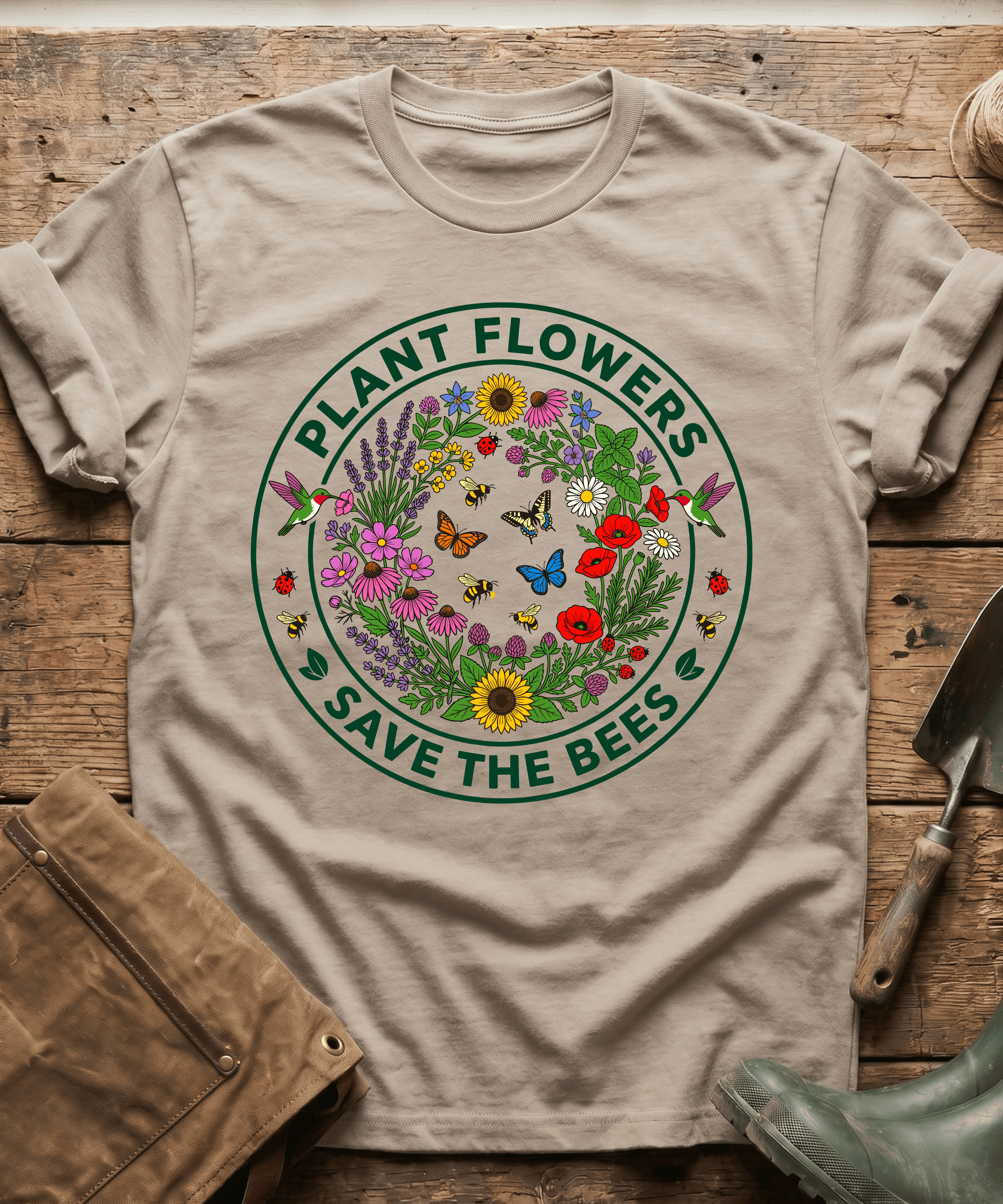 Botanical Plant Flowers Save The Bees Badge T-Shirt