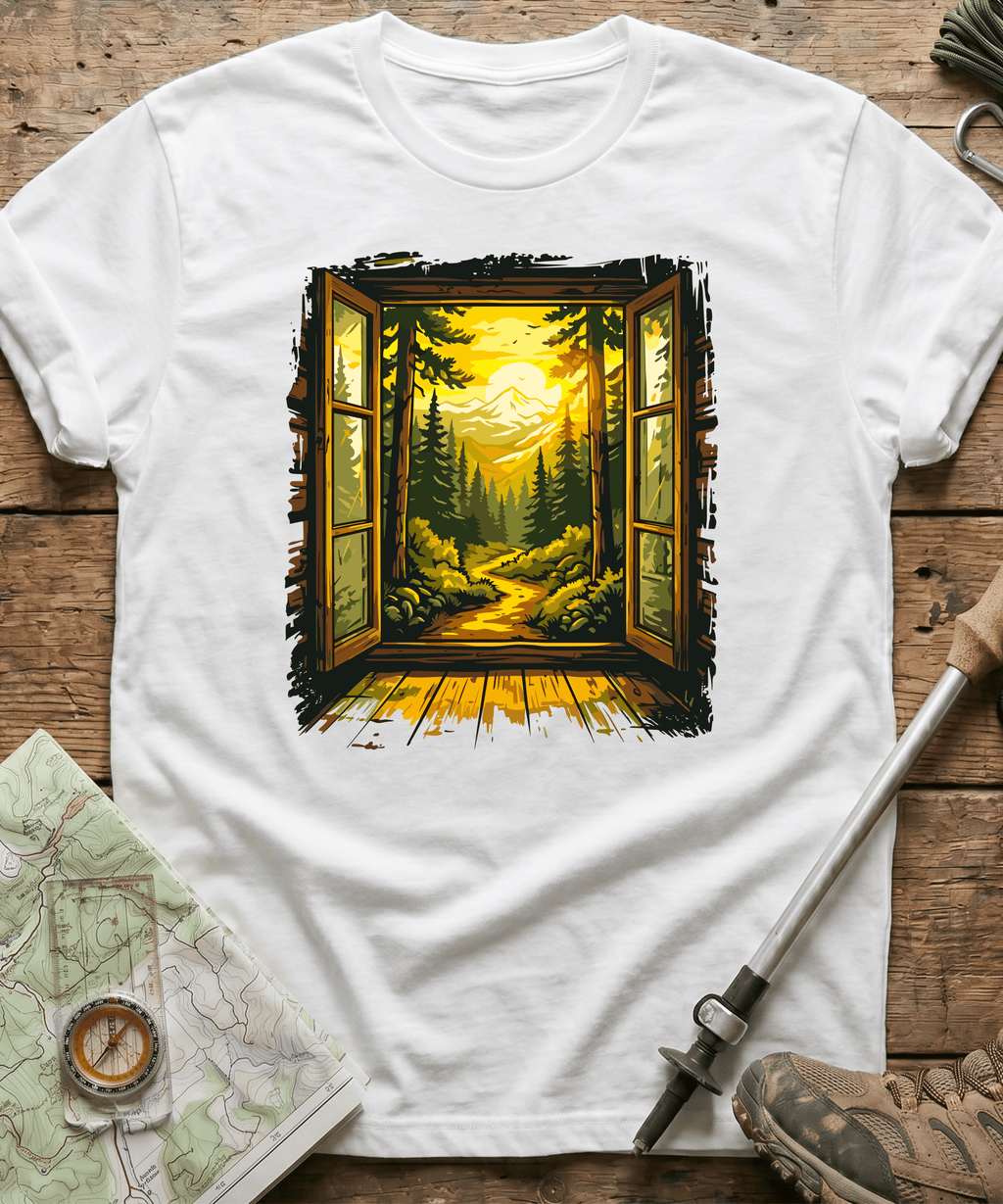 Cabin Window Mountain Sunset T-Shirt