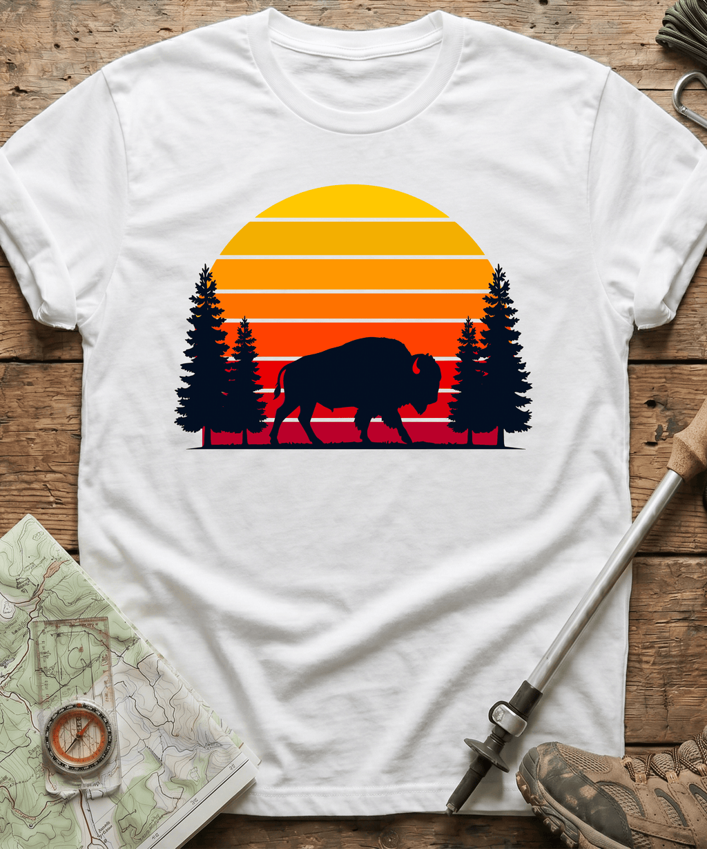 Retro Forest Bison Sunset T-Shirt