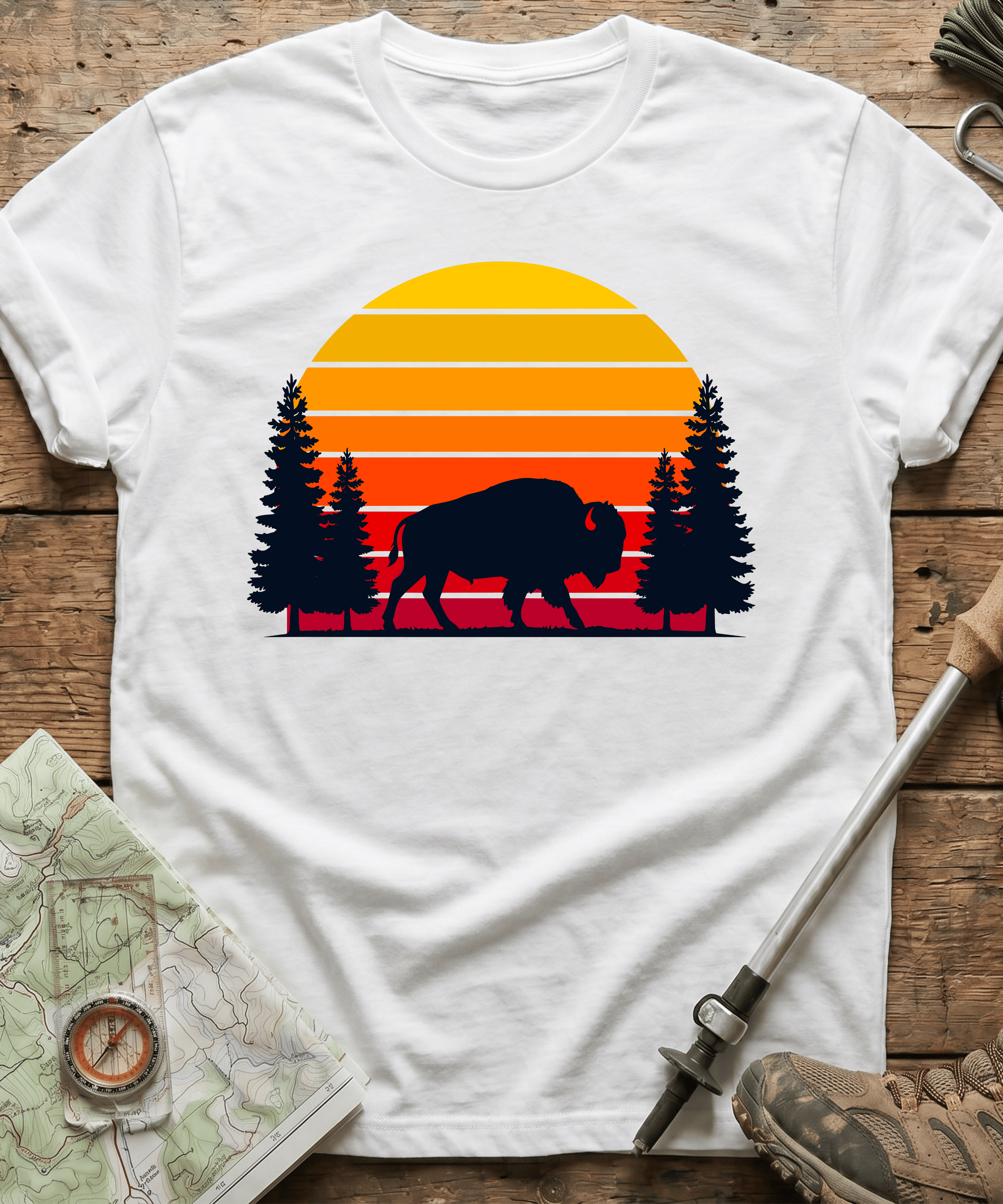 Retro Forest Bison Sunset T-Shirt