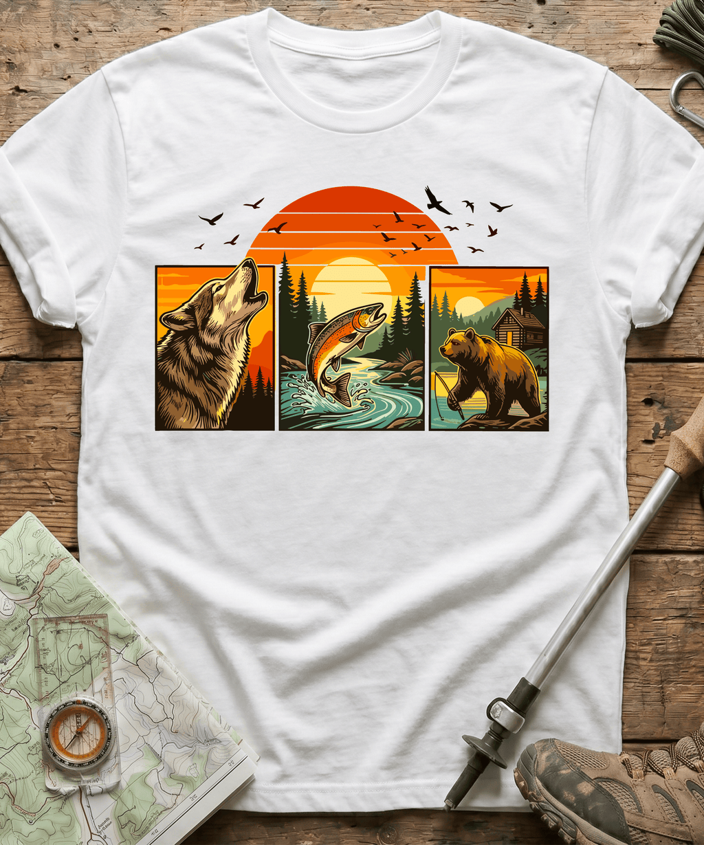 Wild Triptych Wolf Bear Salmon T-Shirt