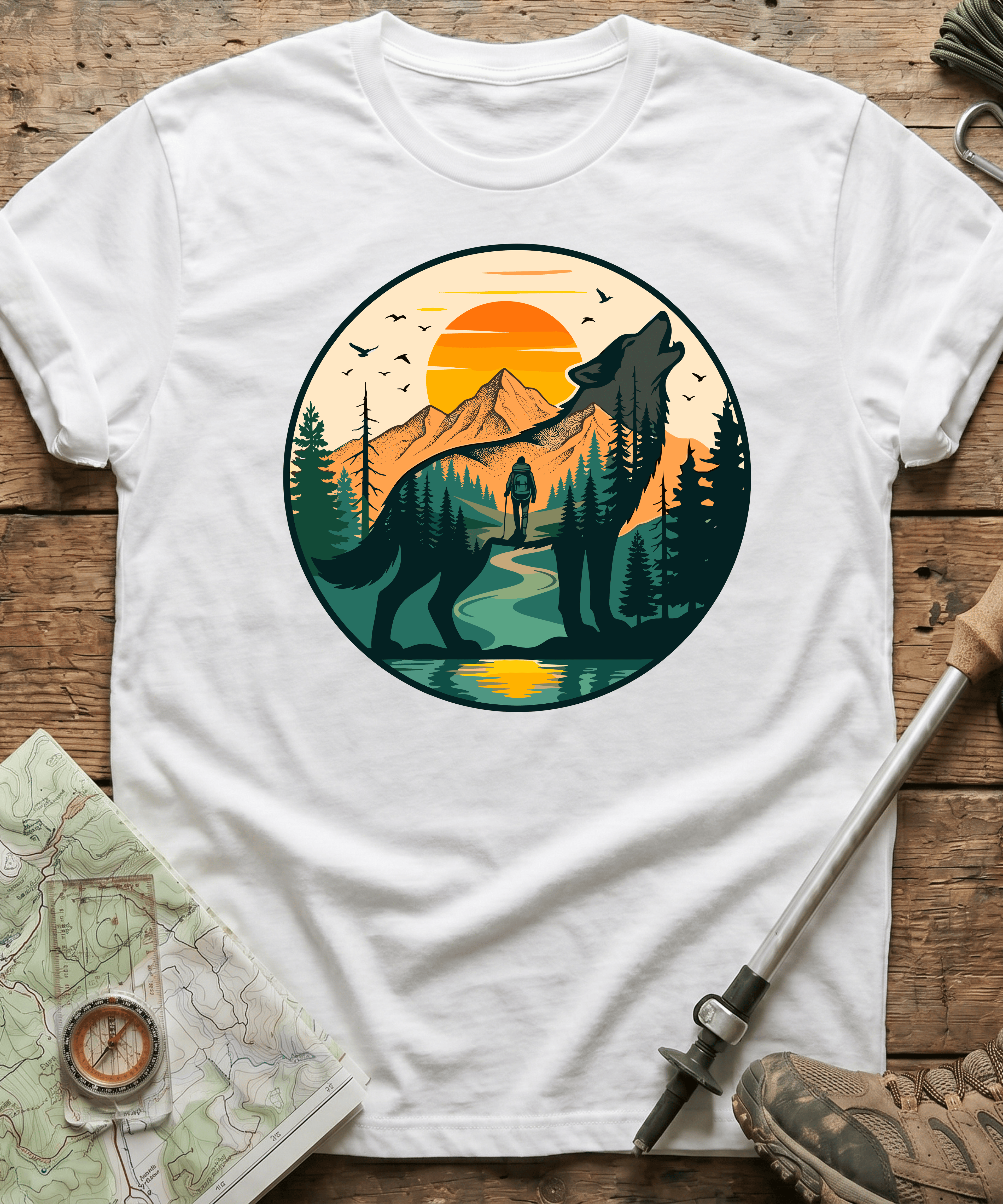 Mountain Hiker Howling Wolf Badge T-Shirt