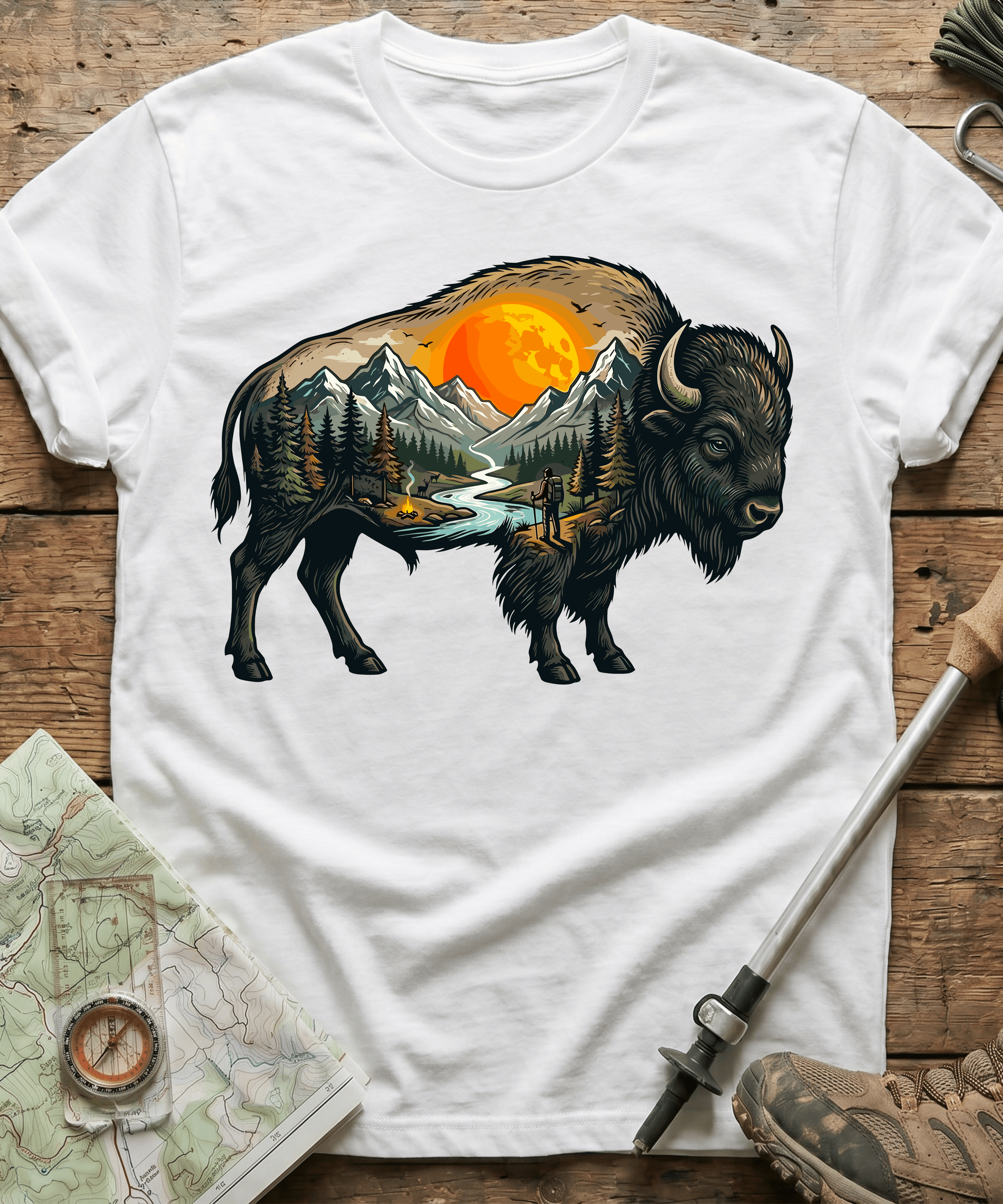 Mountain Hiker Bison Landscape T-Shirt