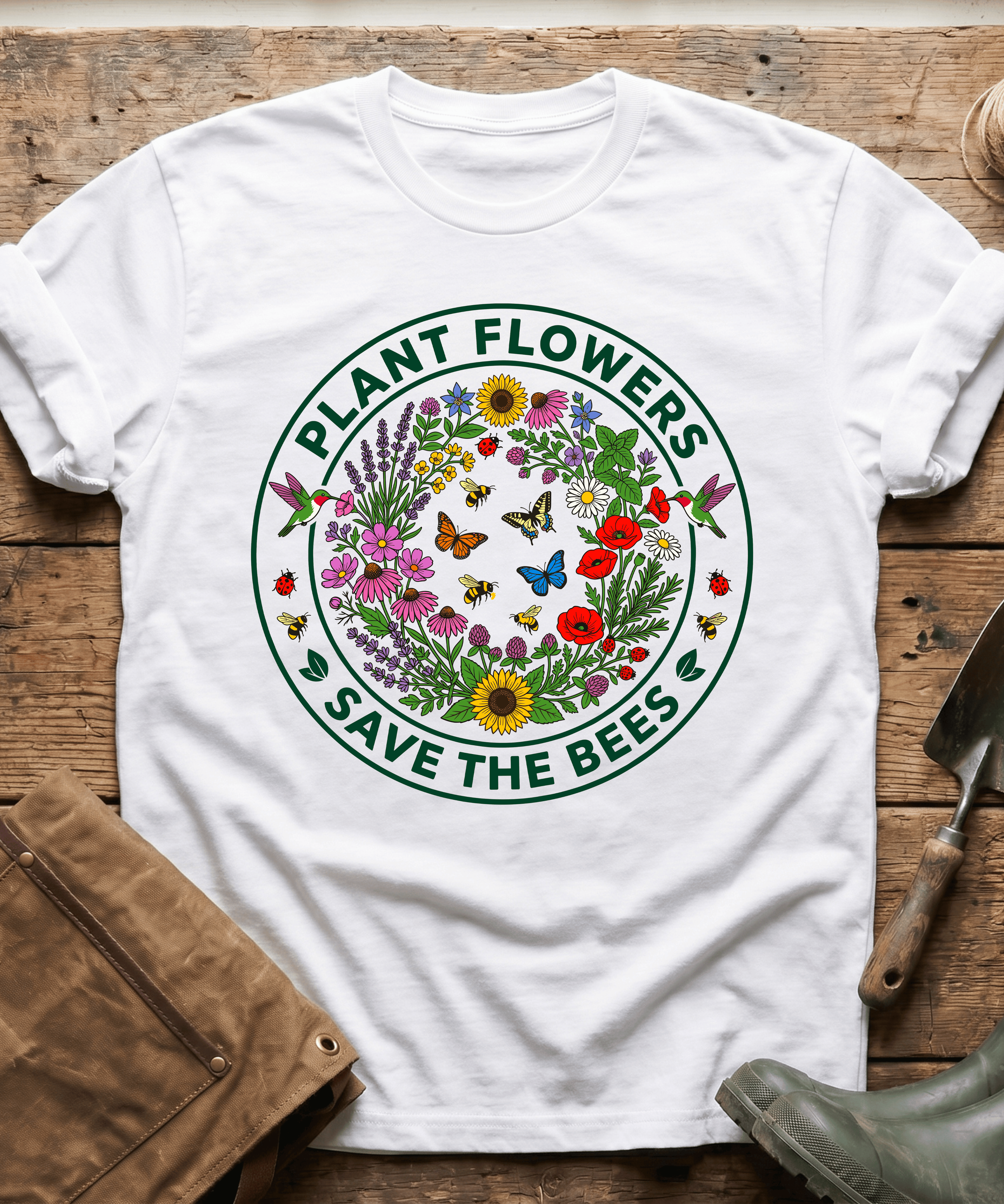 Botanical Plant Flowers Save The Bees Badge T-Shirt